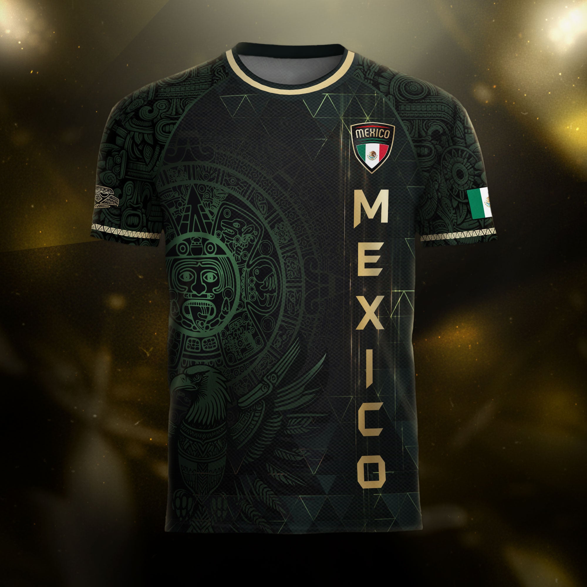 Mexico Soccer Jersey Dark Green Gold Aztec Calendar & Eagle Emblem