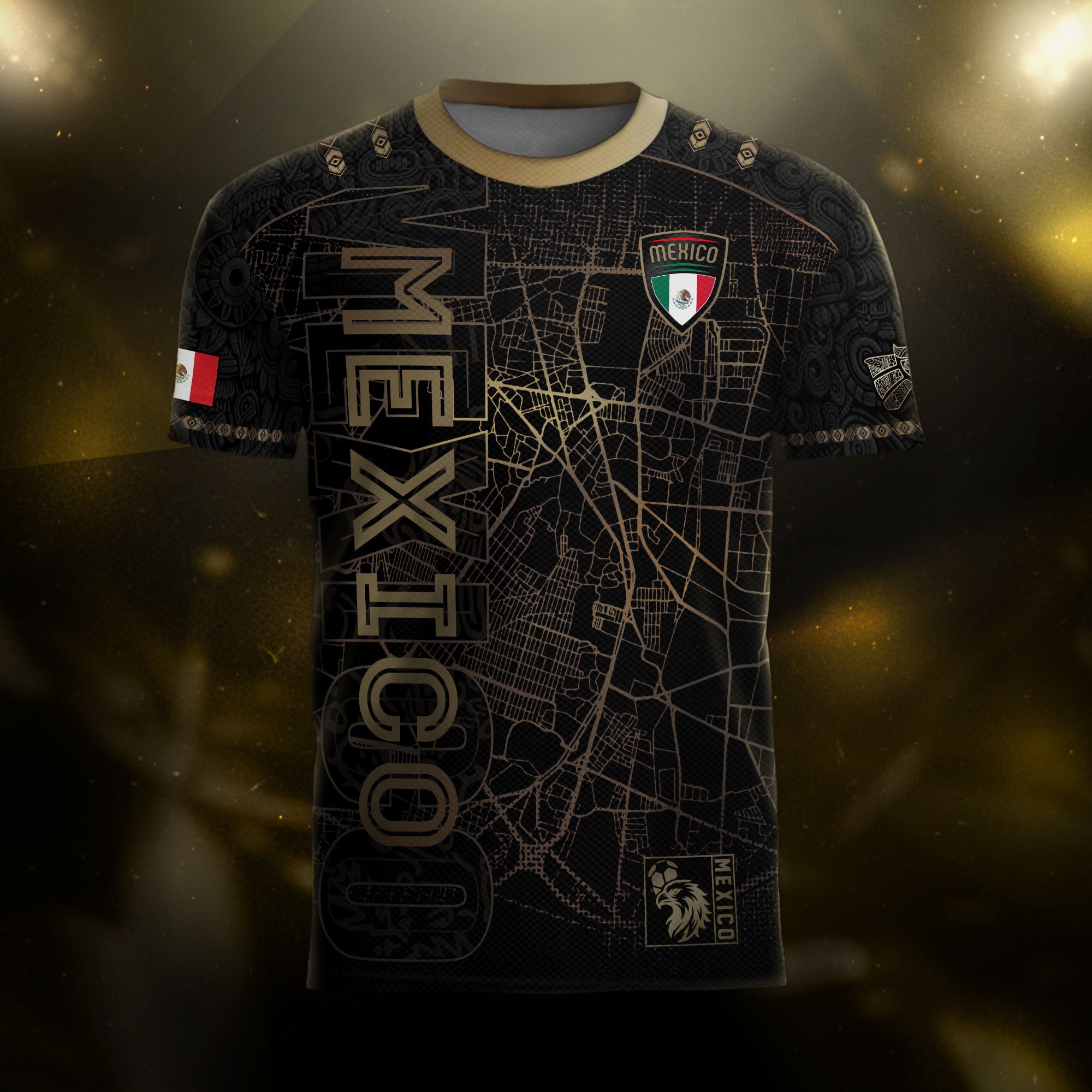 Mexico Soccer Jersey Black Gold City Map & Eagle Emblem
