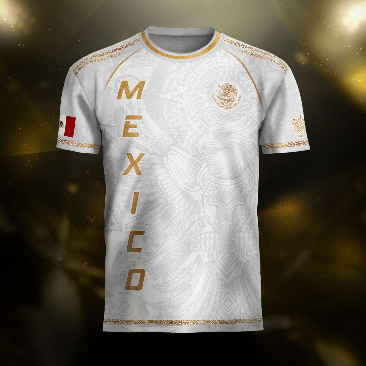 Mexico Soccer Jersey White Gold Aztec Eagle Design