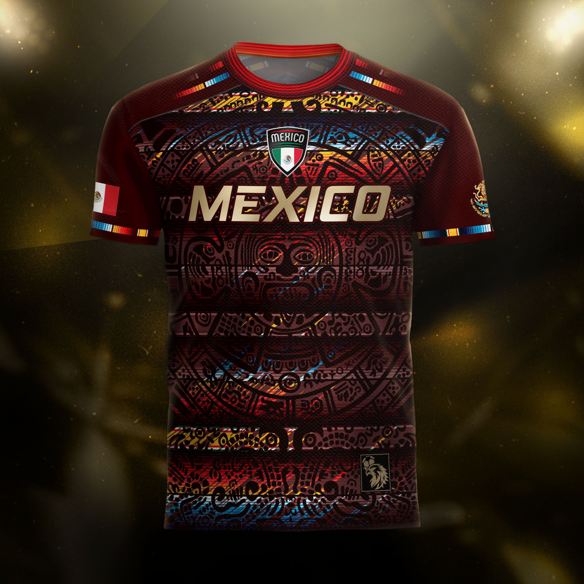 Mexico Soccer Jersey Red Multitone Aztec Calendar & Eagle Crest