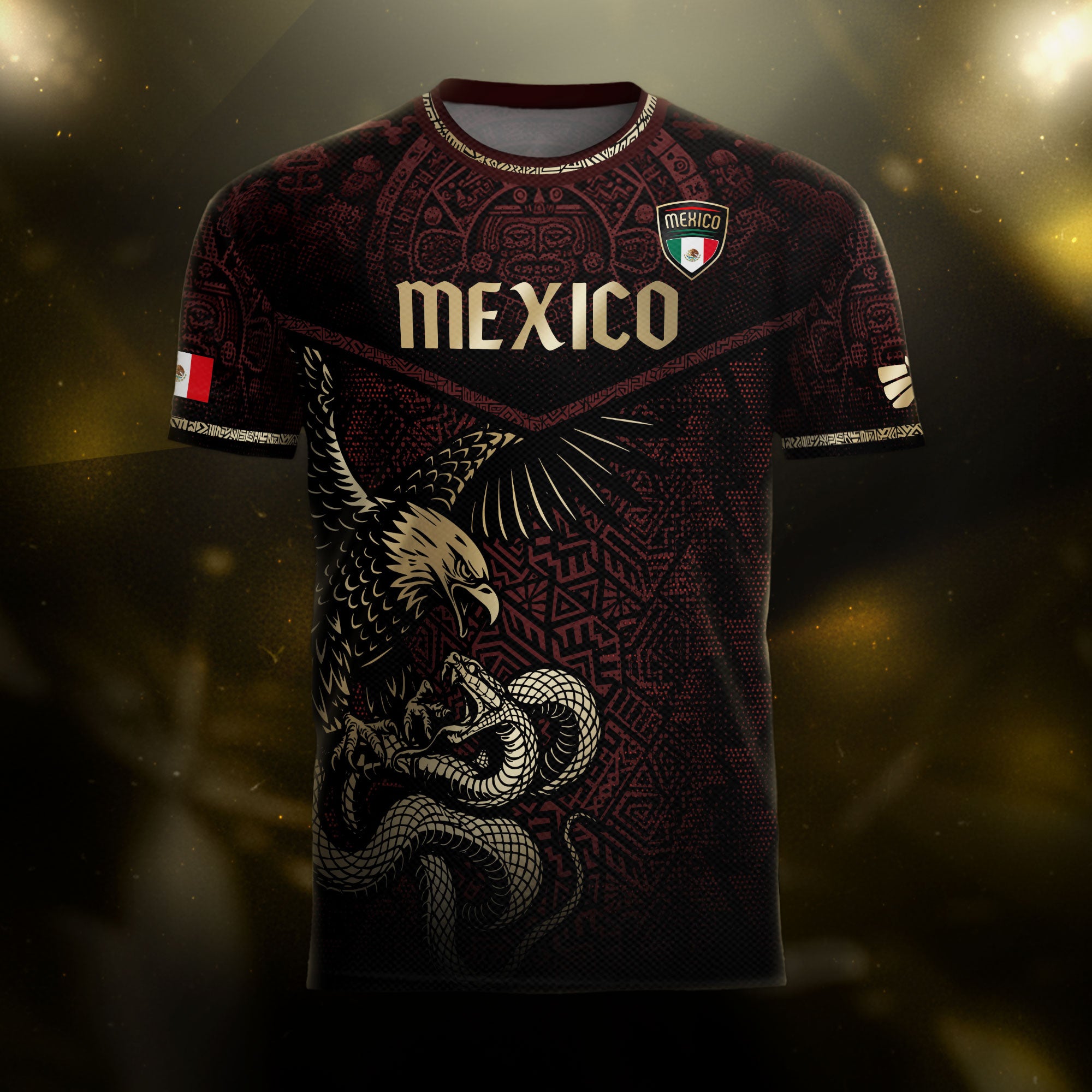 Mexico Soccer Jersey Maroon Gold Aztec Eagle & Serpent Design