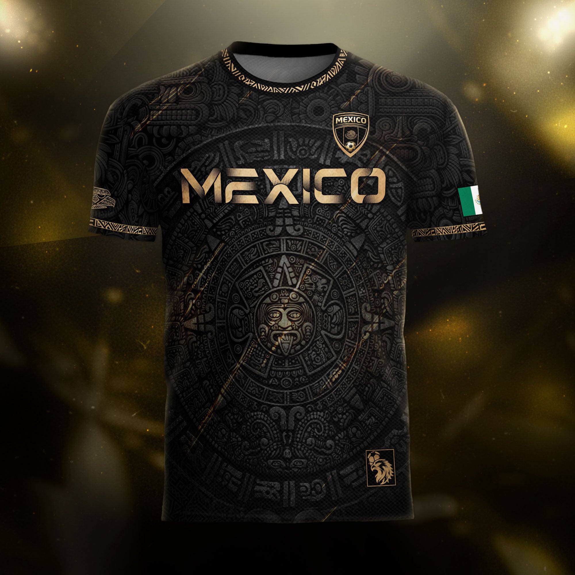 Mexico Black Gold Aztec Calendar Eagle Heritage National Football Soccer Jersey
