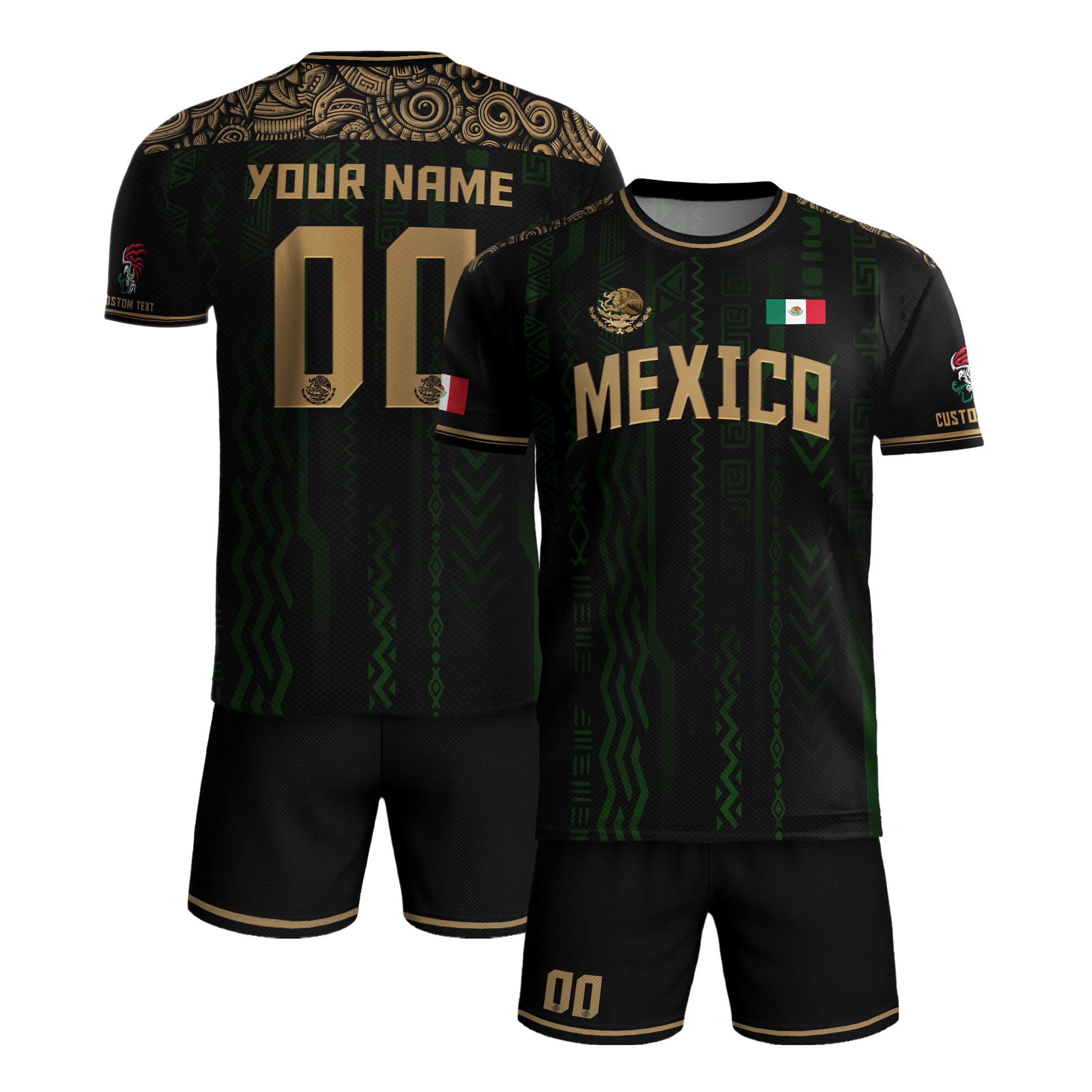 Custom Mexico Soccer Jersey Black Gold Aztec Pattern