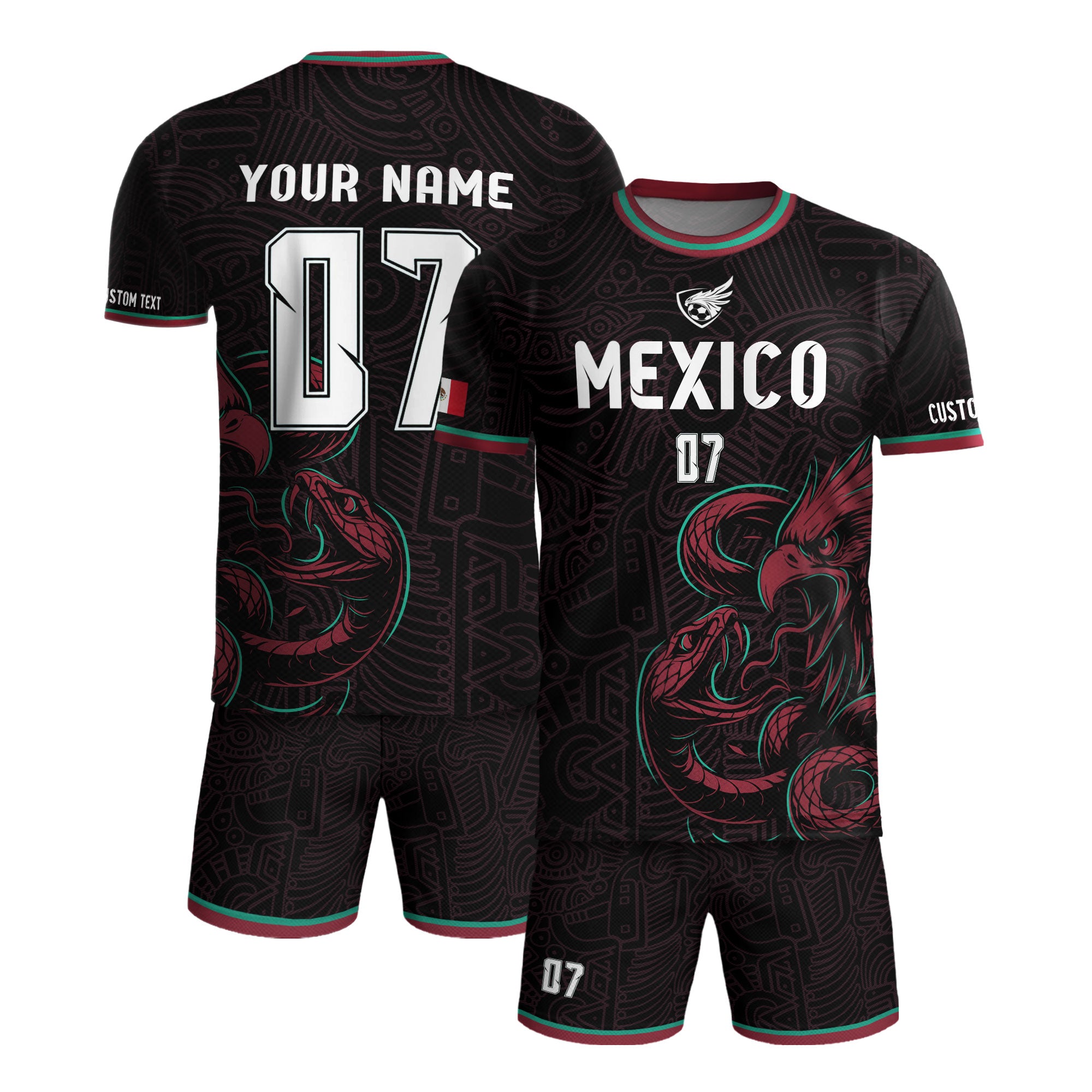 Custom Mexico Black Aztec Eagle Serpent Design Soccer Jersey