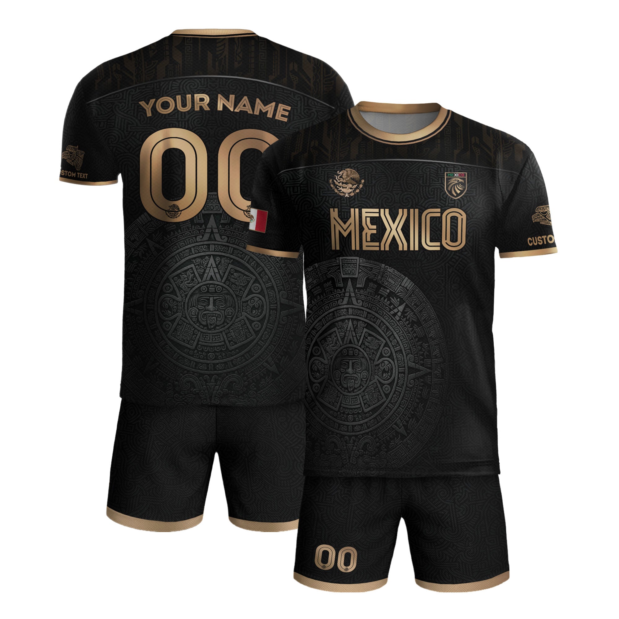 Custom Mexico Black Aztec Calendar Gold Edition Soccer Jersey