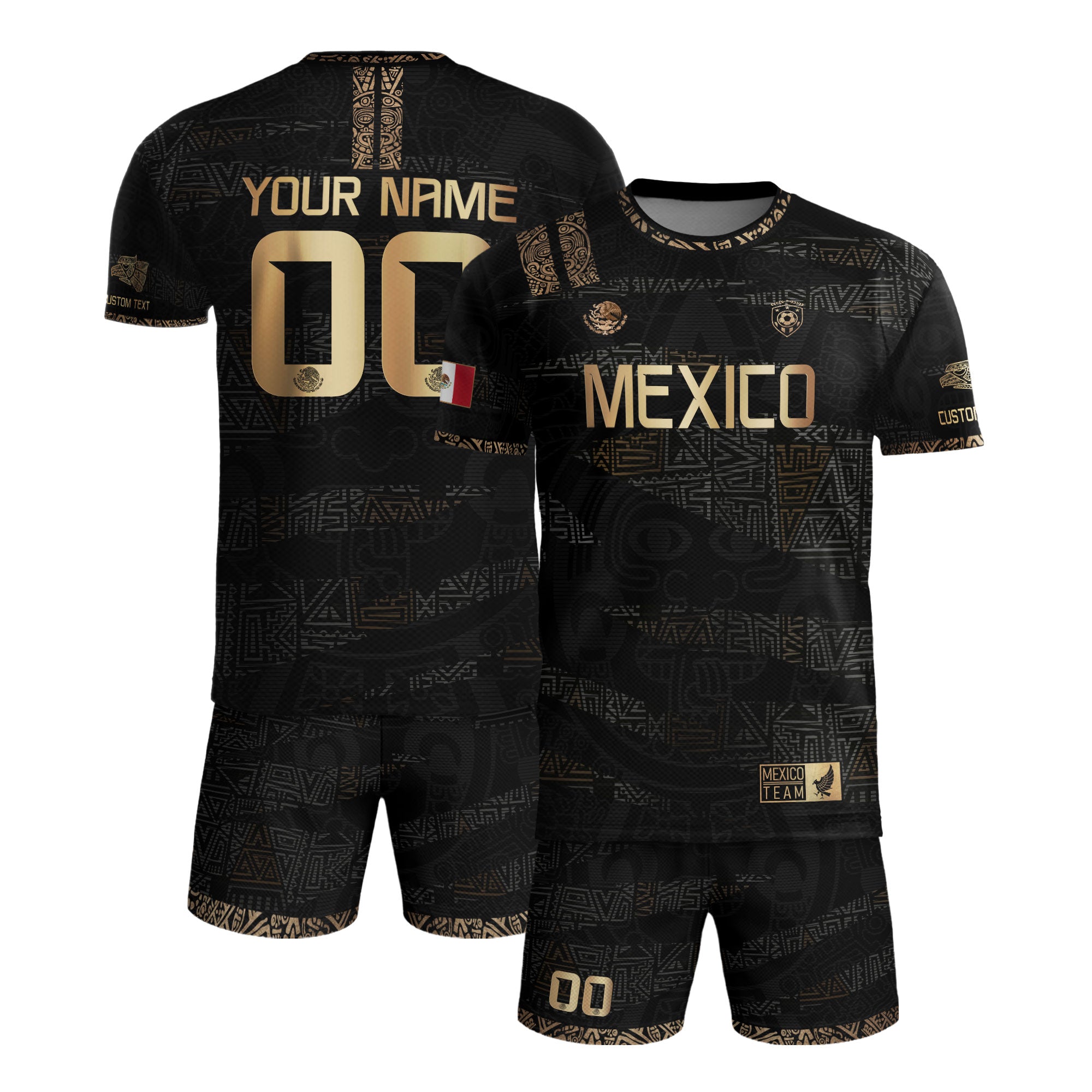 Custom Mexico Soccer Jersey Black Gold Aztec Design