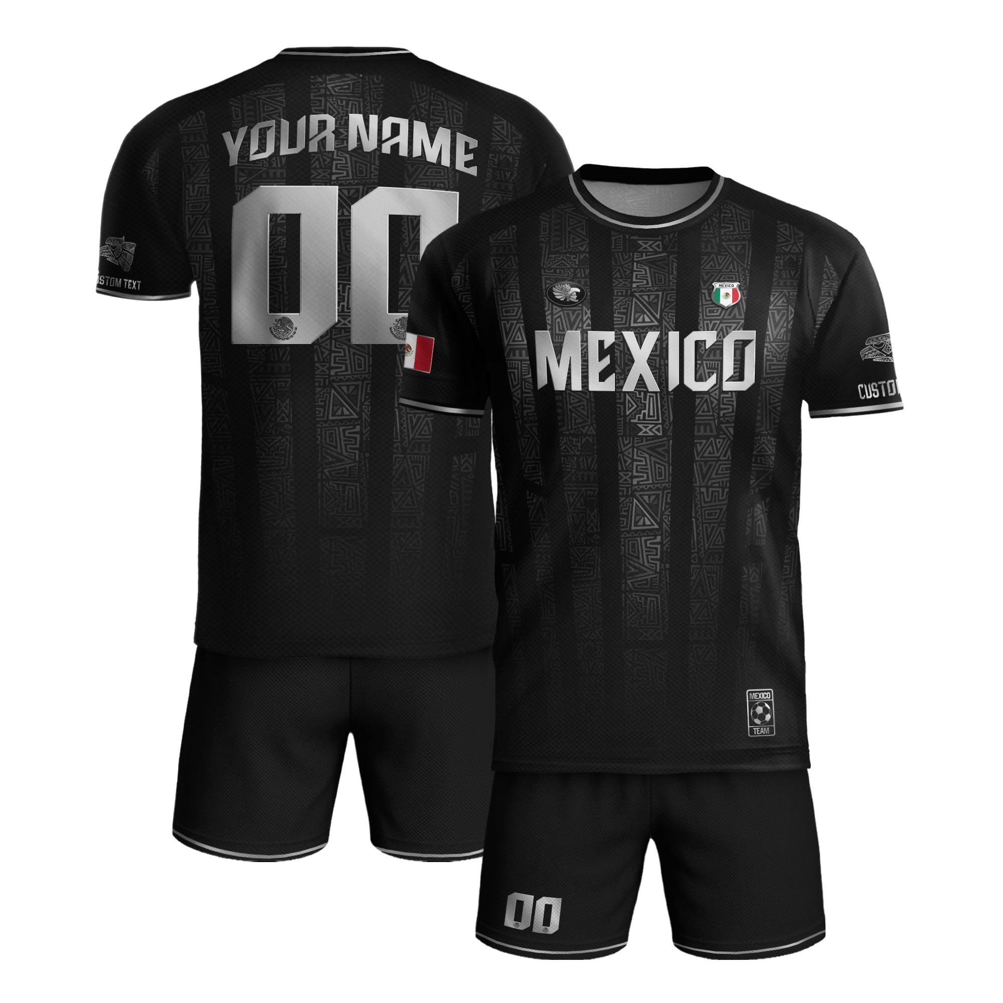 Custom Mexico Black Silver Aztec Pattern Soccer Jersey