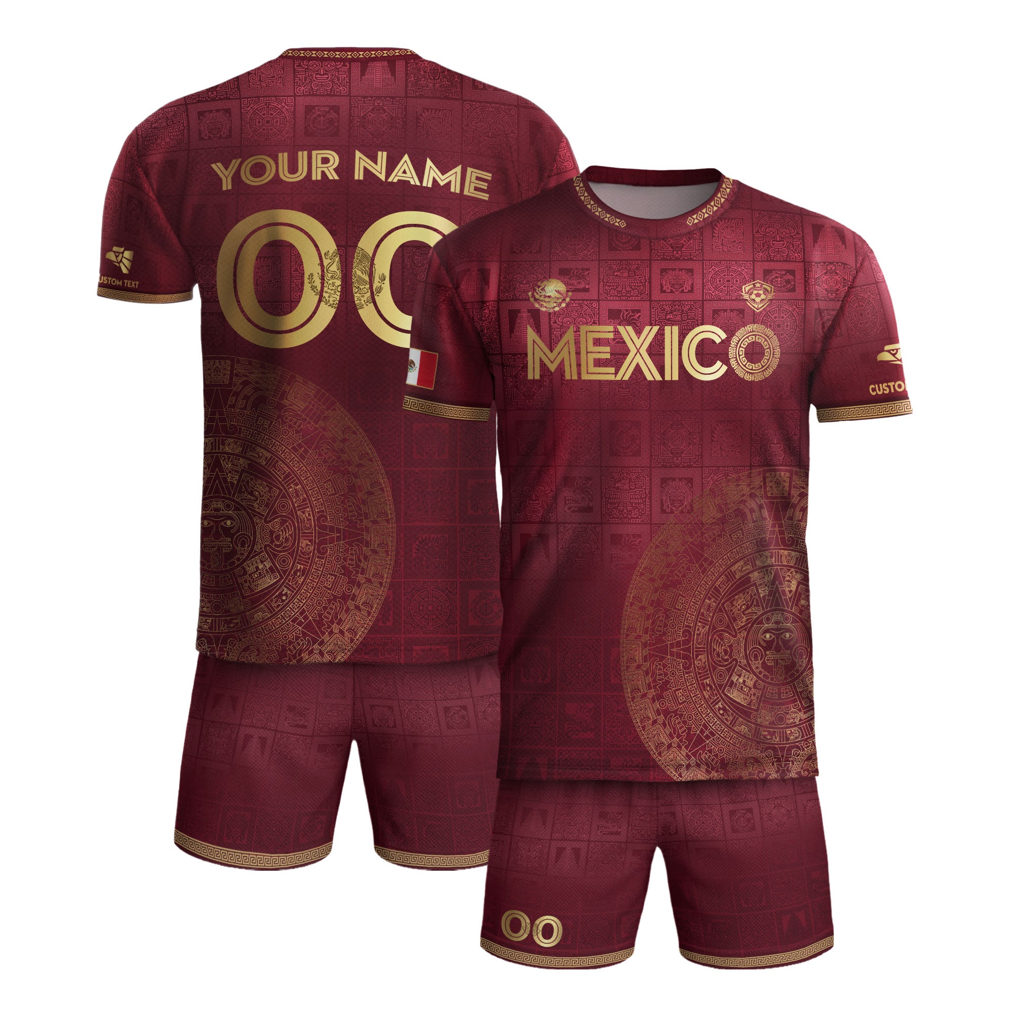 Custom Mexico Maroon Golden Aztec Calendar Soccer Jersey