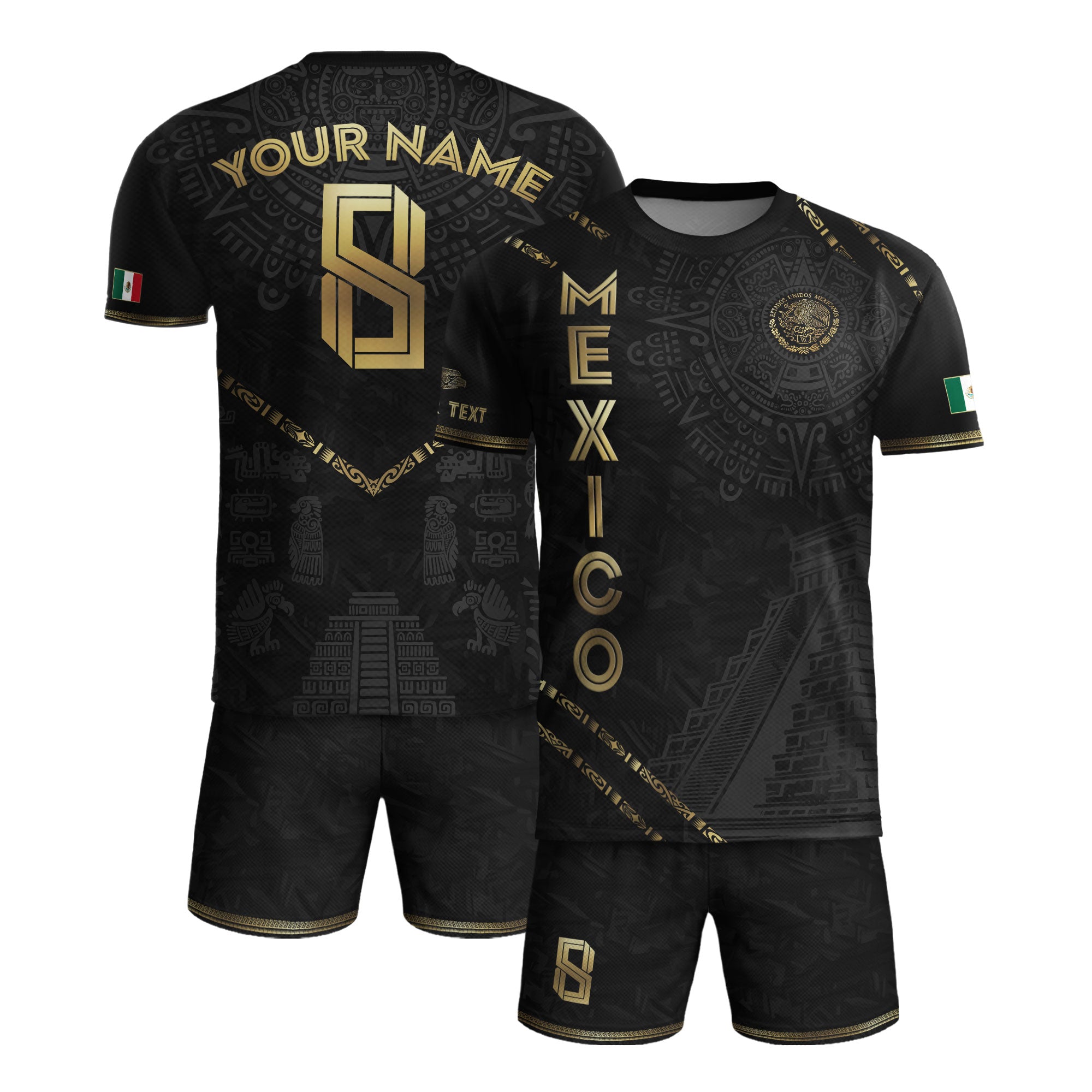 Custom Mexico Black Gold Aztec Calendar Pyramid Design Soccer Jersey