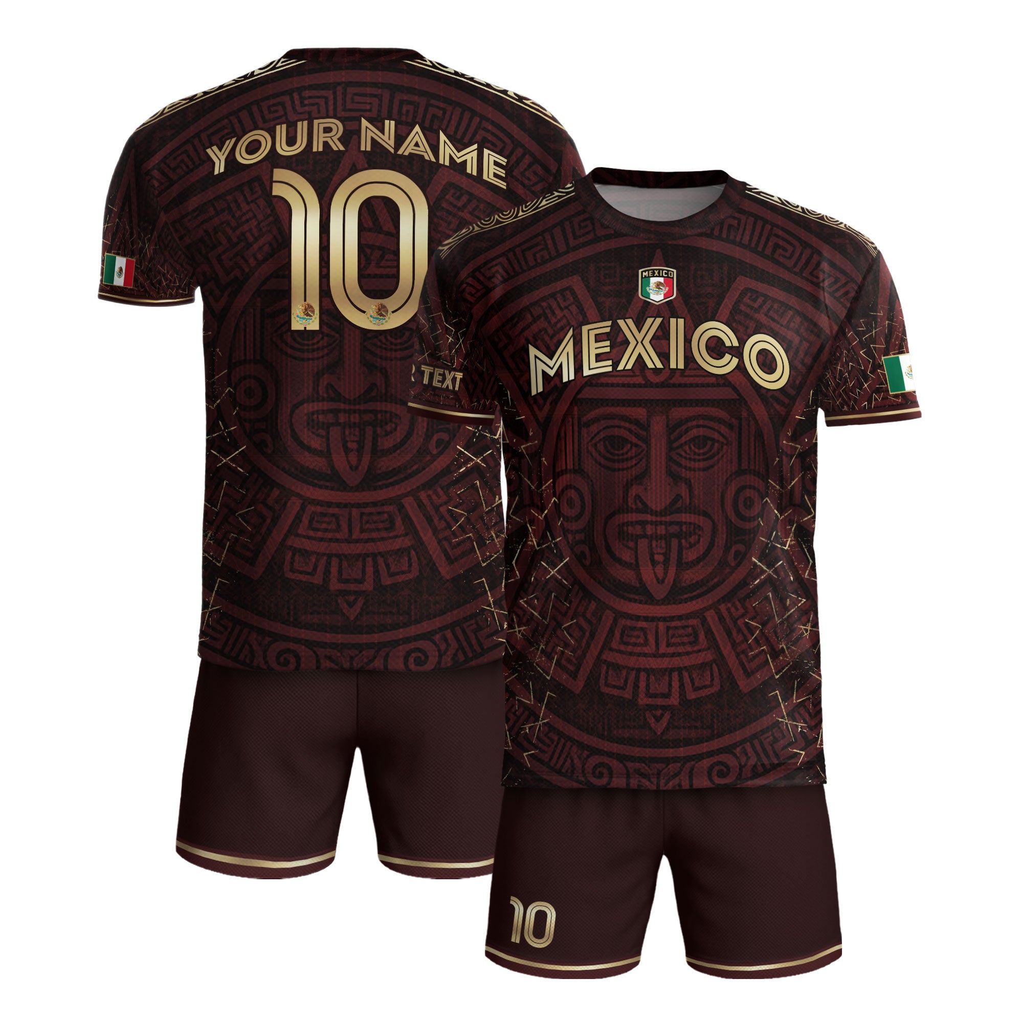 Custom Soccer Jersey Mexico Burgundy Gold Aztec Sun Design