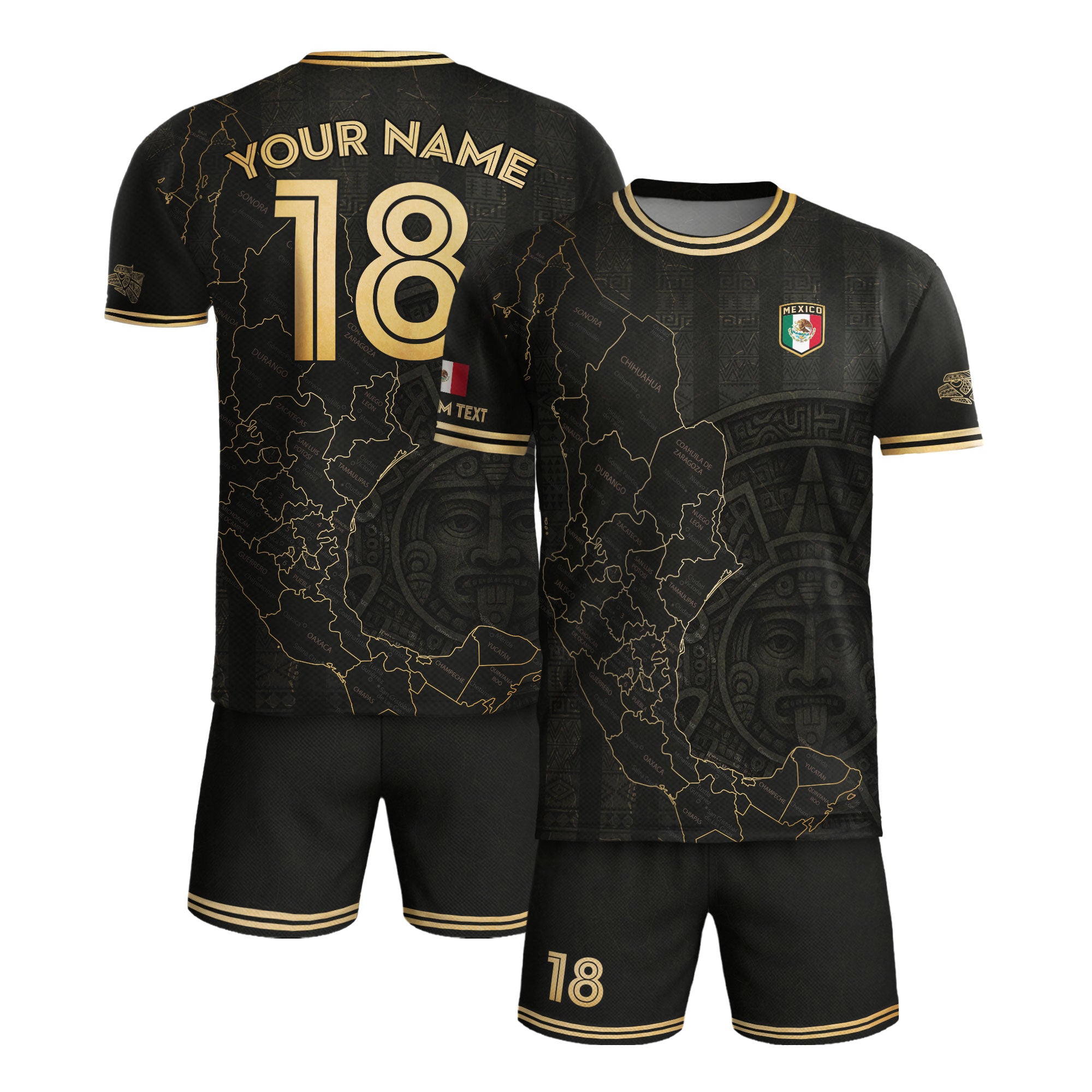 Custom Mexico Black Gold Map Aztec Sun Design Soccer Jersey