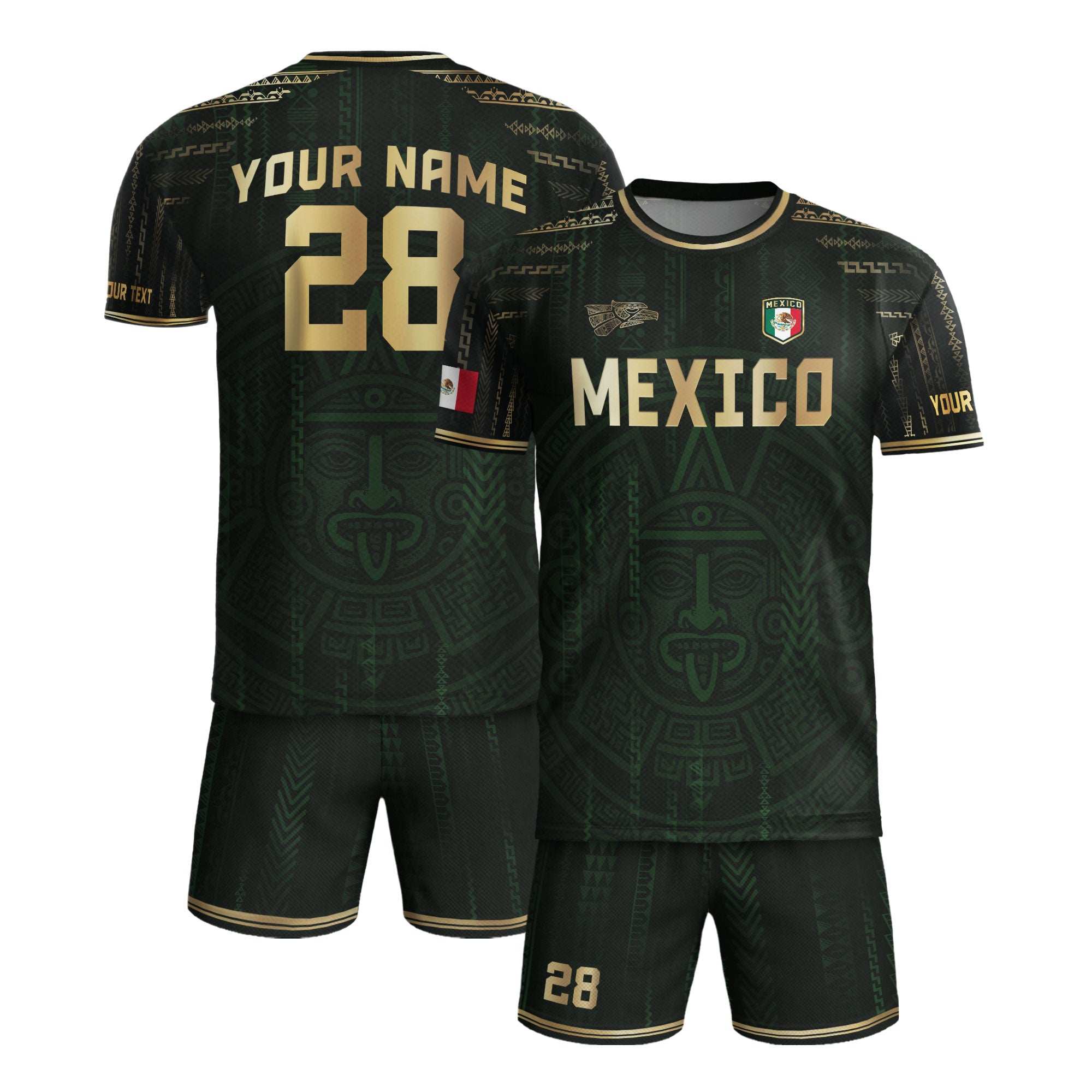 Custom Mexico Dark Green Gold Aztec Sun Design Soccer Jersey