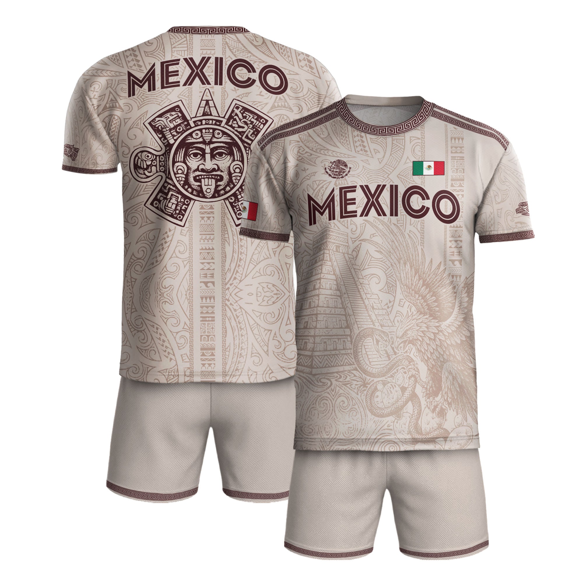 Camiseta de fútbol de México con diseño de águila de piedra solar azteca