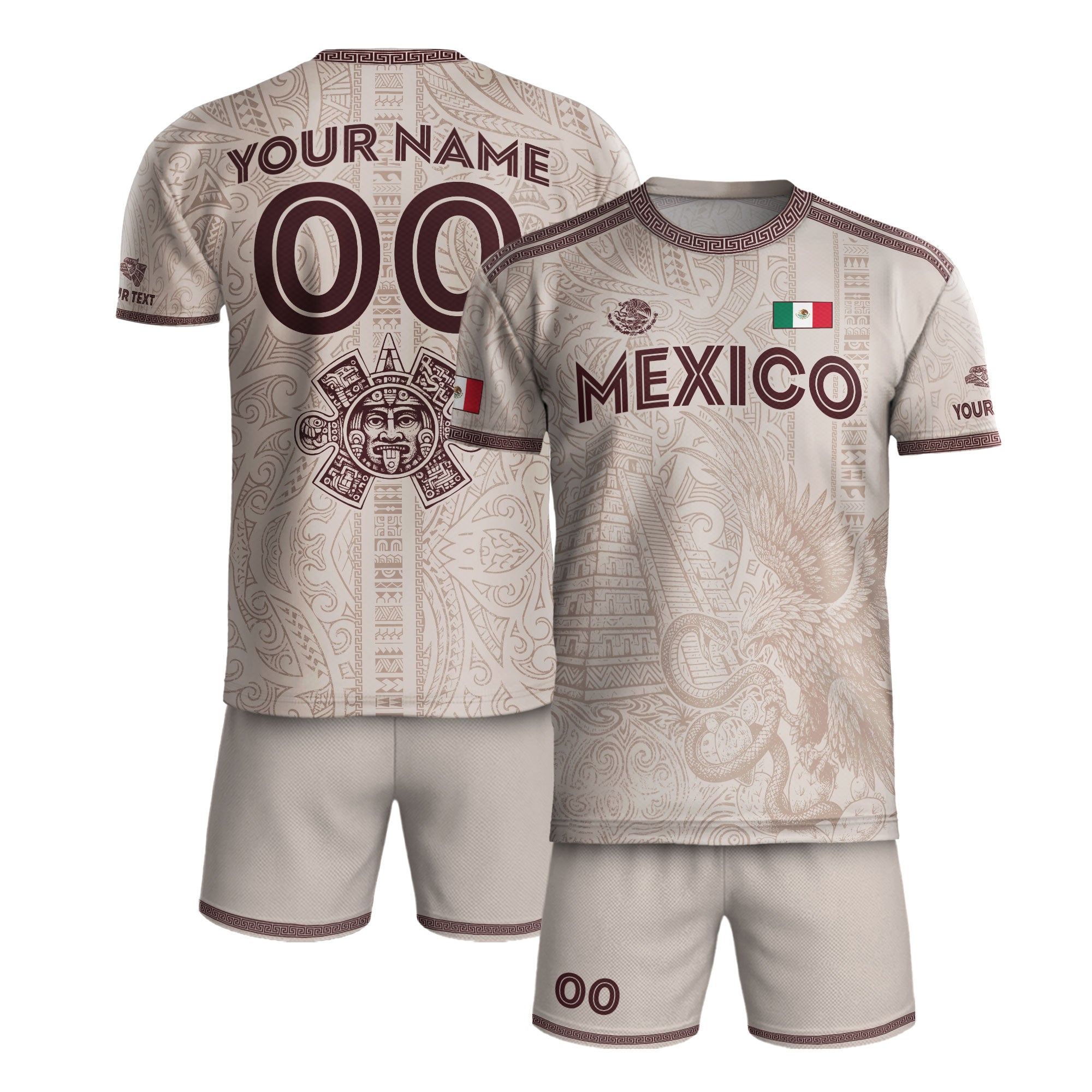 Custom Mexico Beige Aztec Eagle Pyramid Heritage Soccer Jersey