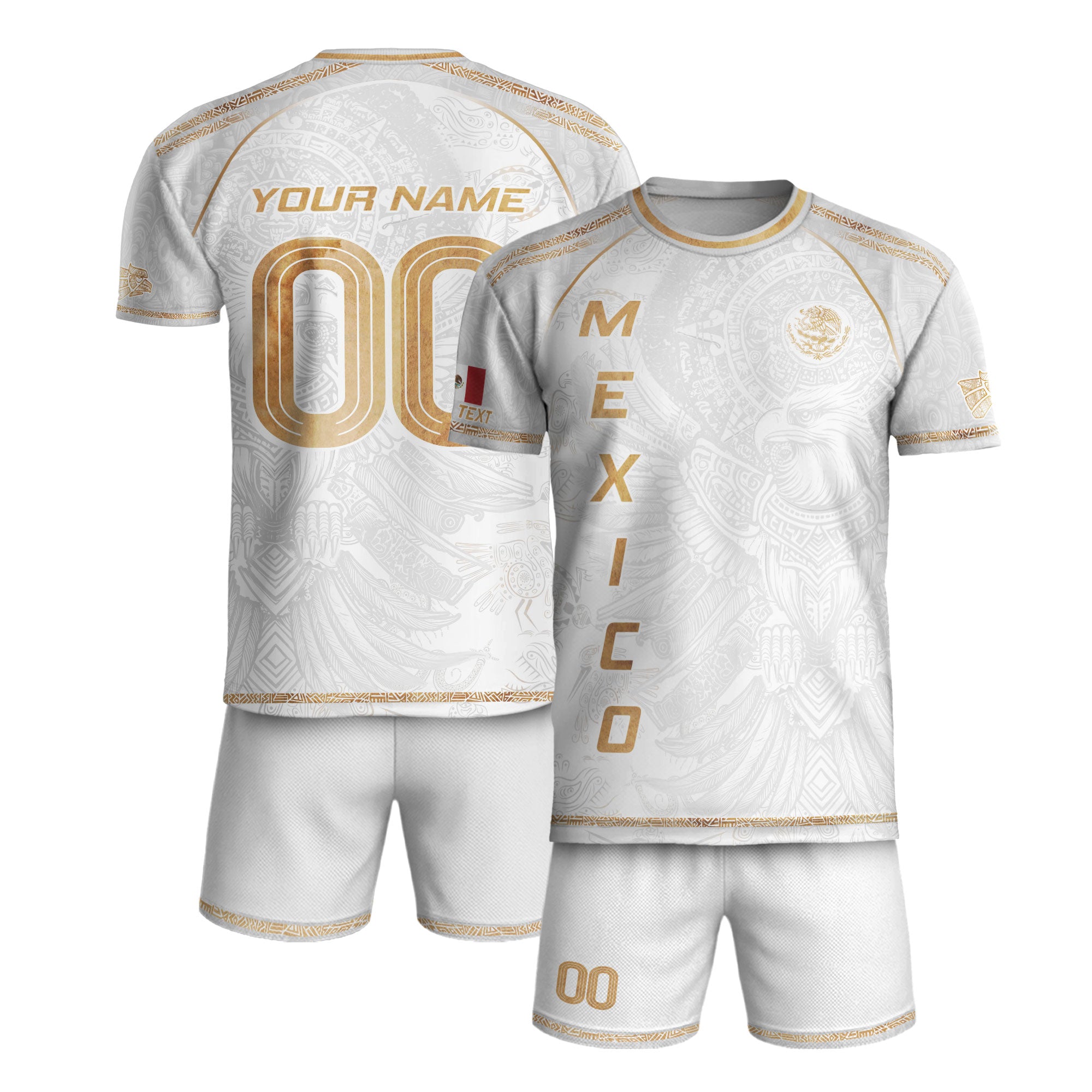 Custom Mexico Soccer Jersey White Gold Heritage Aztec Eagle Design