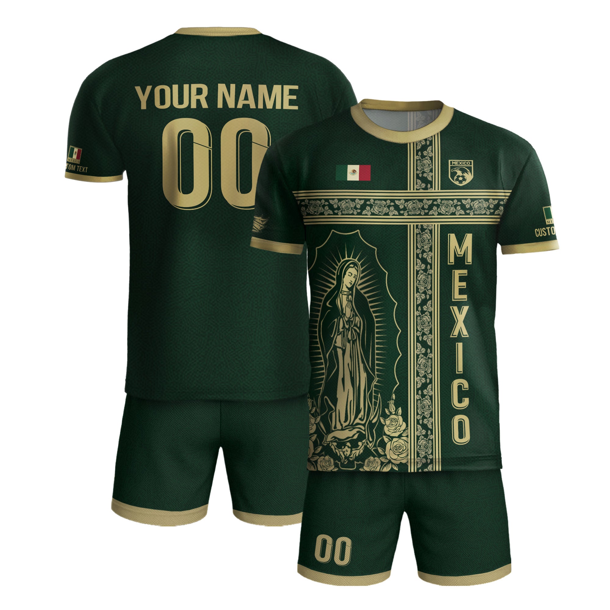 Custom Mexico Jersey Green Gold Our Lady of Guadalupe Design