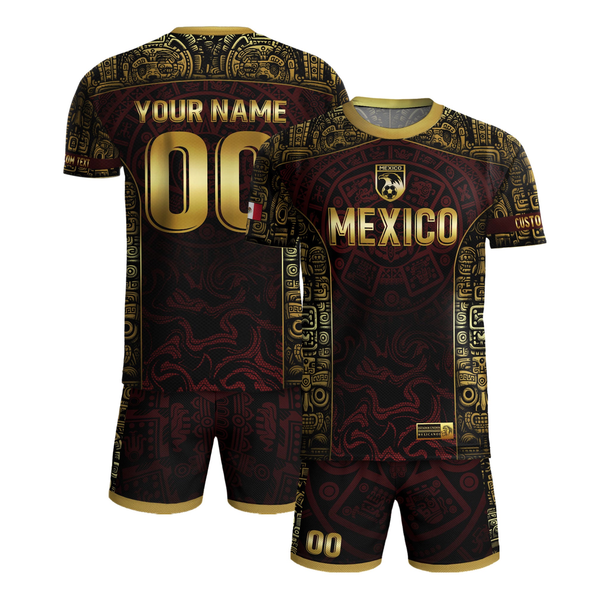 Custom Mexico Jersey Black Red Gold Aztec Calendar Design