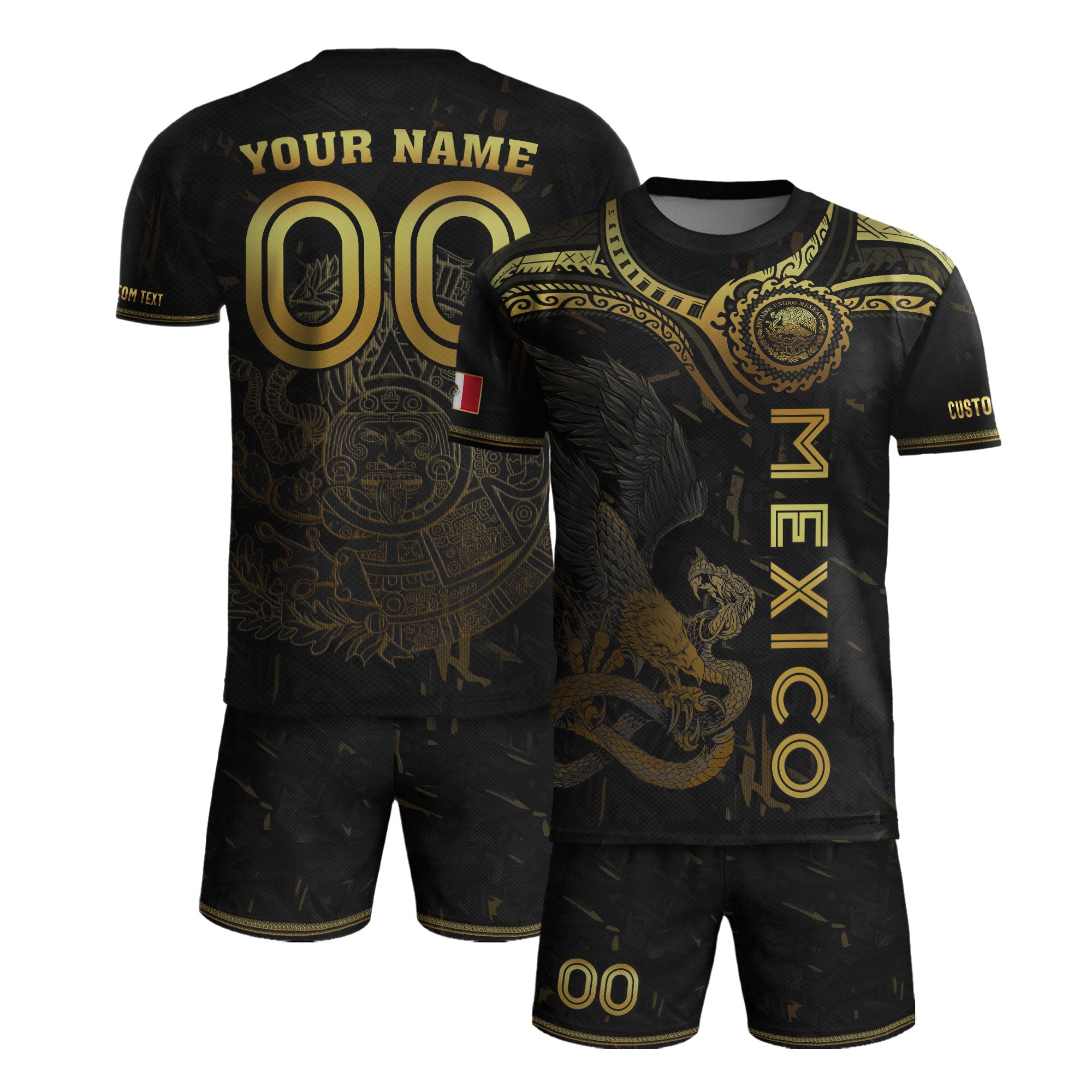 Custom Mexico Jersey Black Gold Eagle Serpent Aztec Design