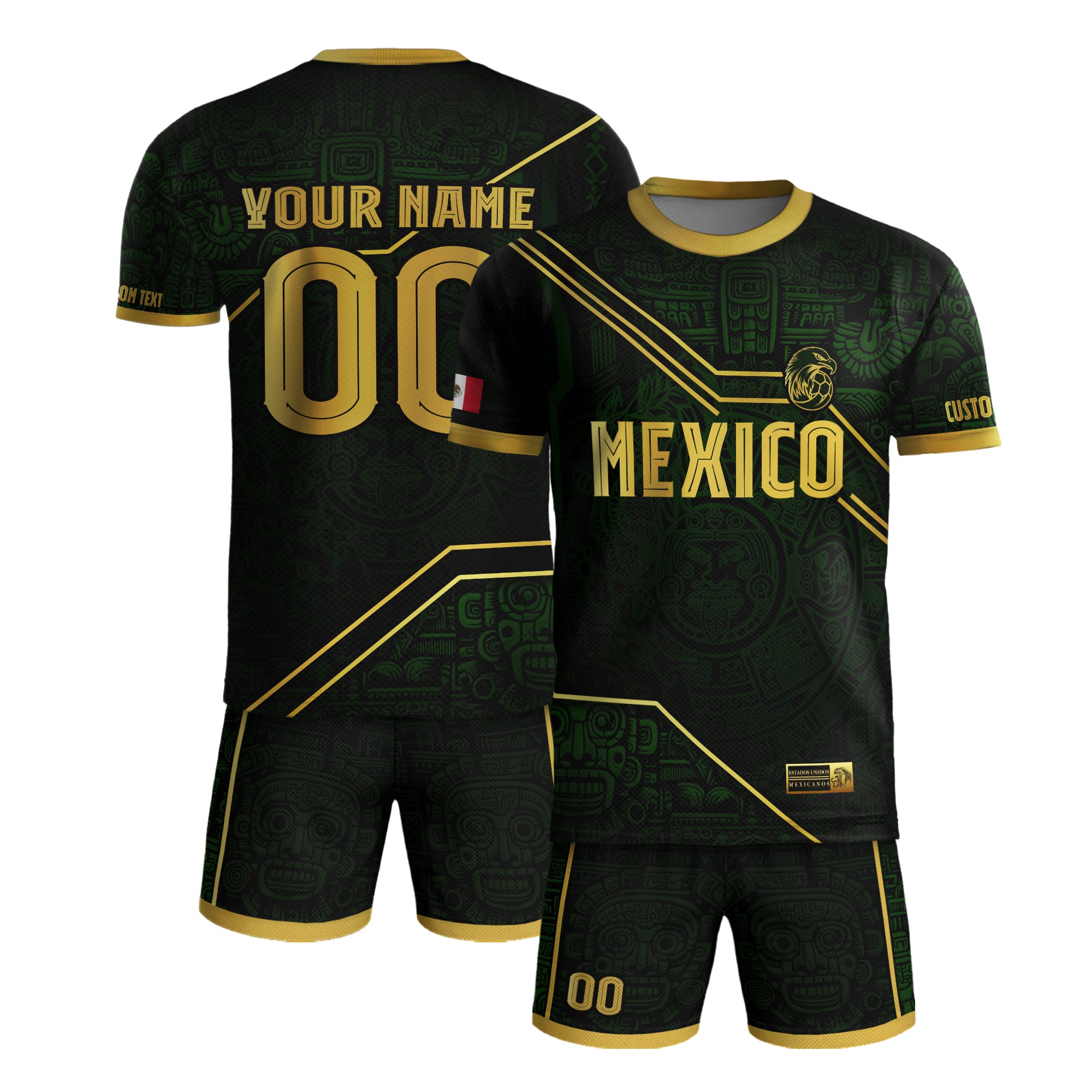Custom Mexico Jersey Black Green Gold Aztec Heritage Design