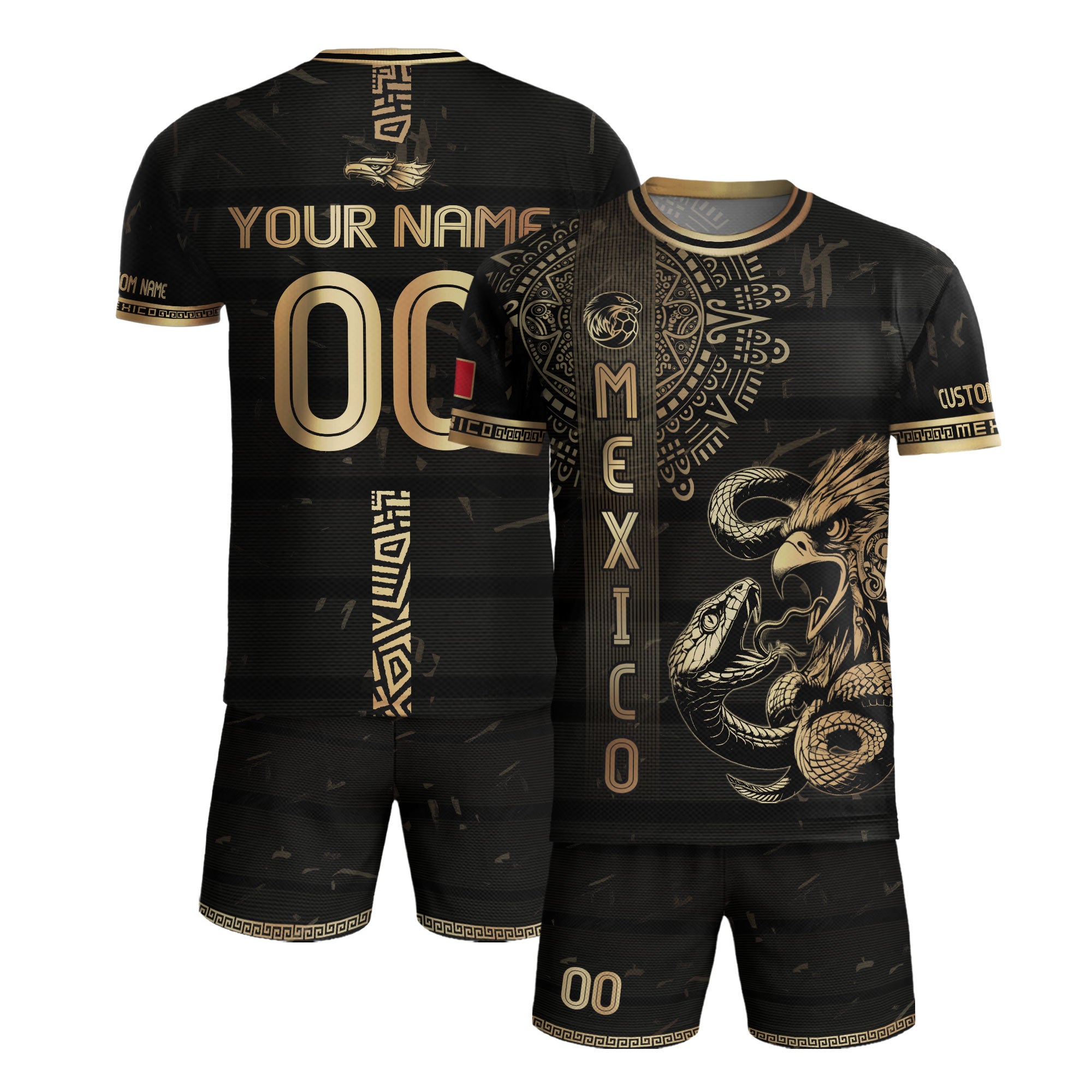 Custom Mexico Jersey Black Gold Eagle Serpent Aztec Warrior Design