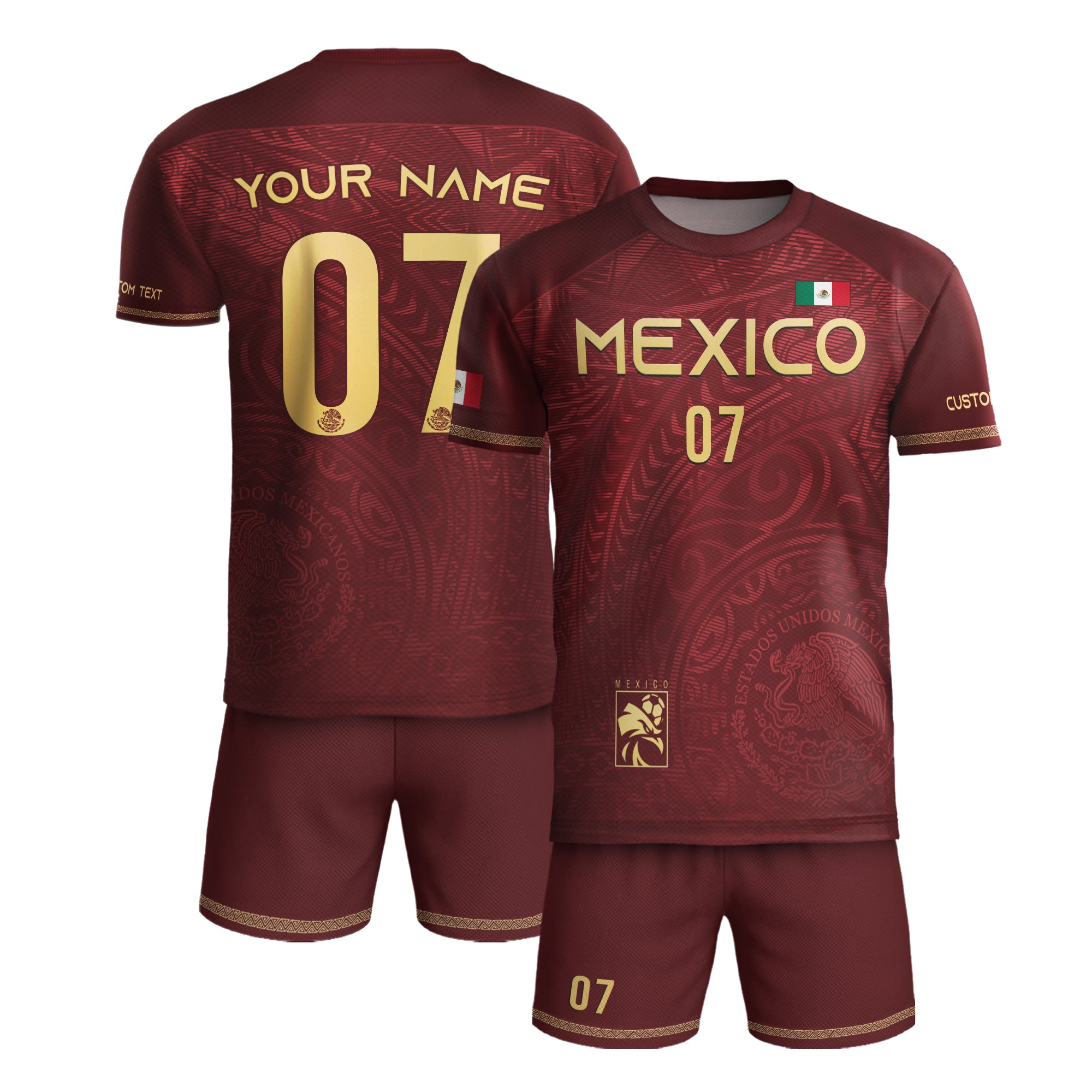 Custom Mexico Soccer Jersey Burgundy Gold Eagle Pattern Design