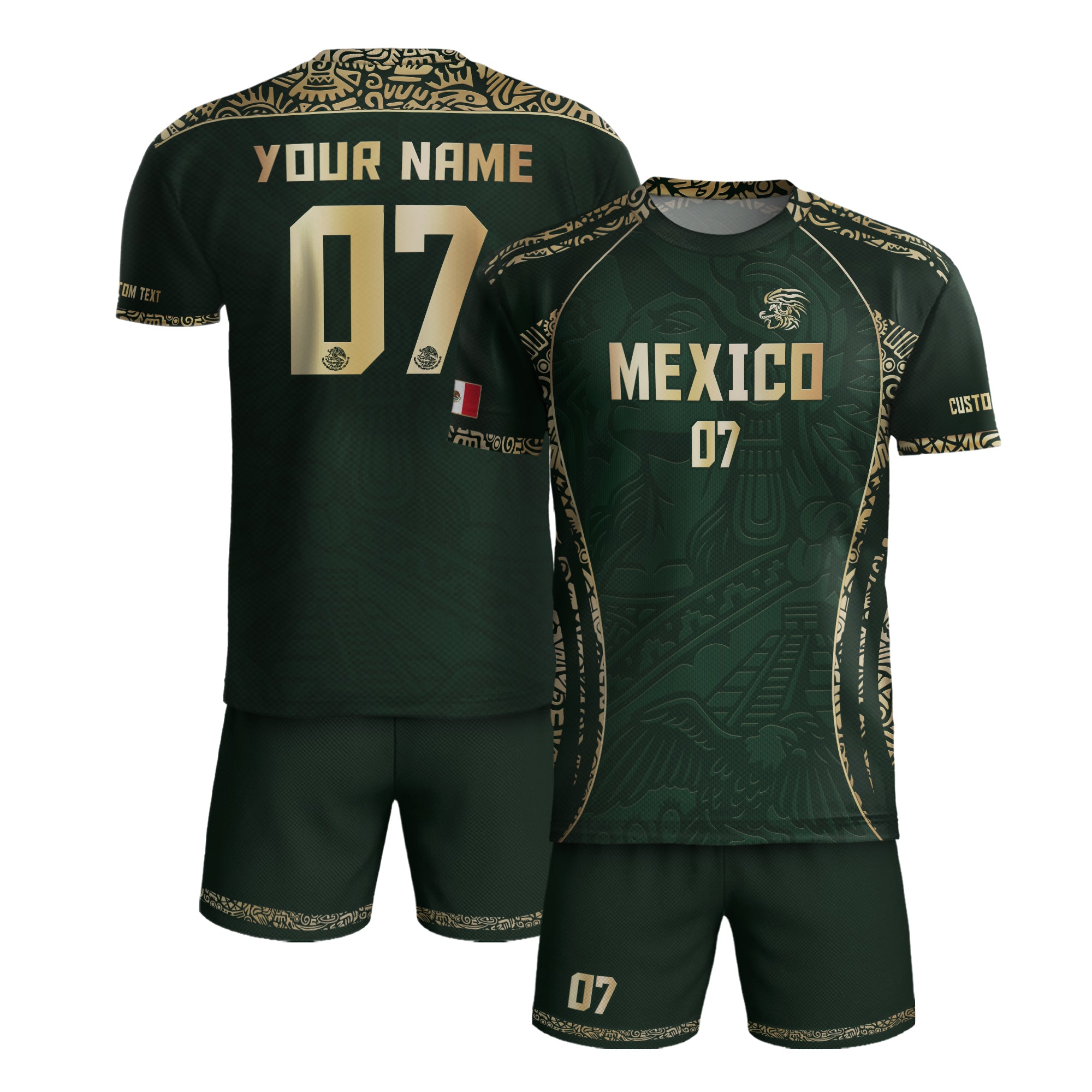Custom Mexico Soccer Jersey Dark Green Gold Aztec Eagle Design