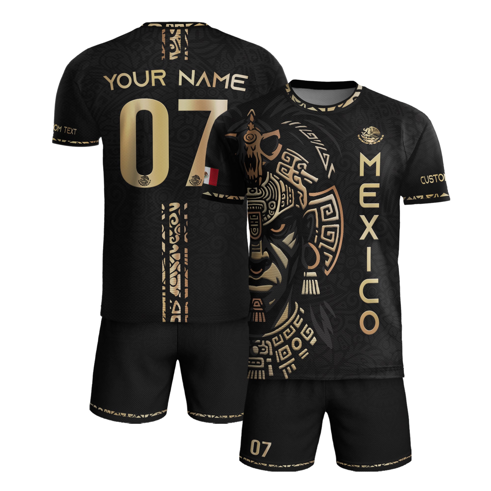 Custom Mexico Soccer Jersey Black Gold Aztec Warrior Face Design