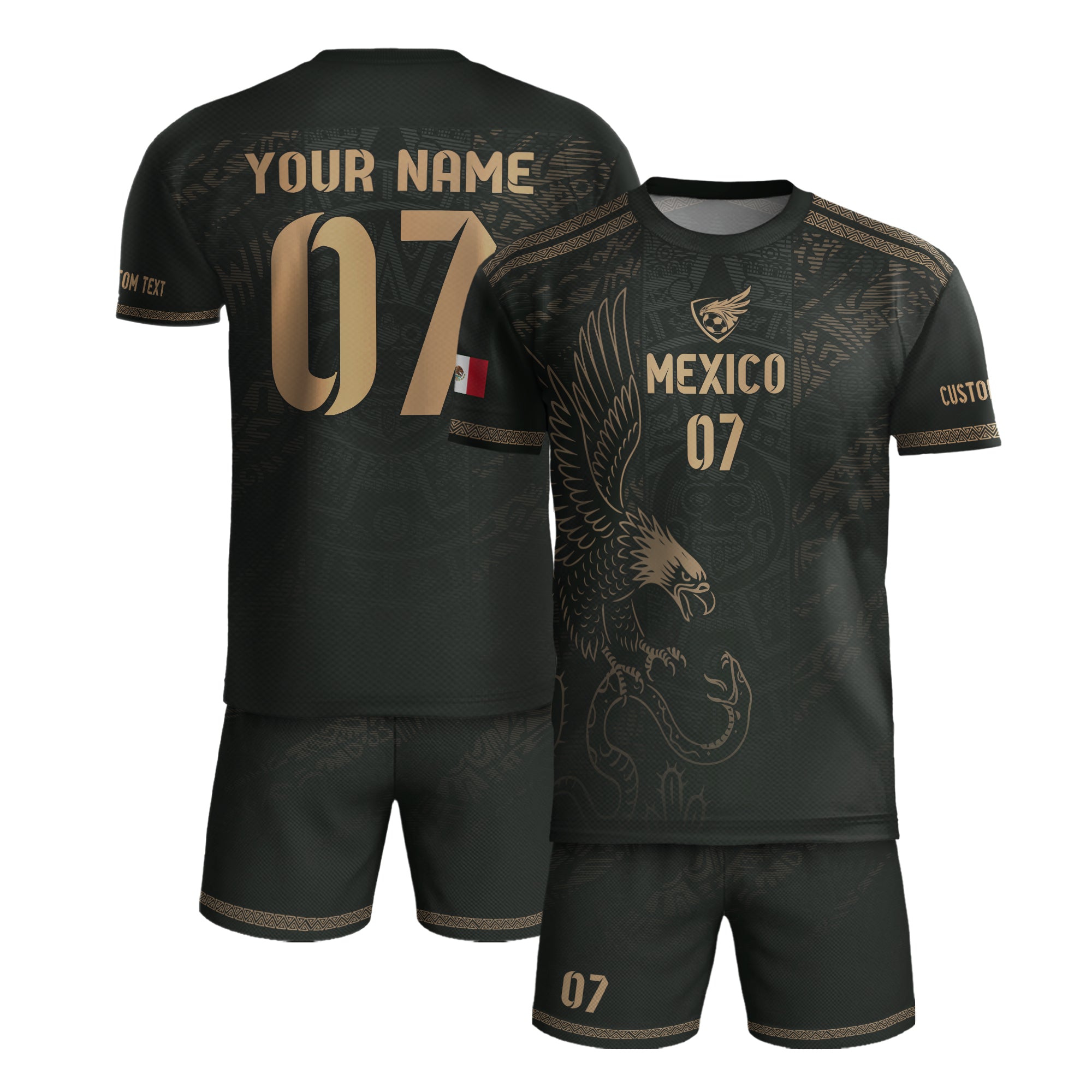Custom Mexico Soccer Jersey Black Gold Eagle Design