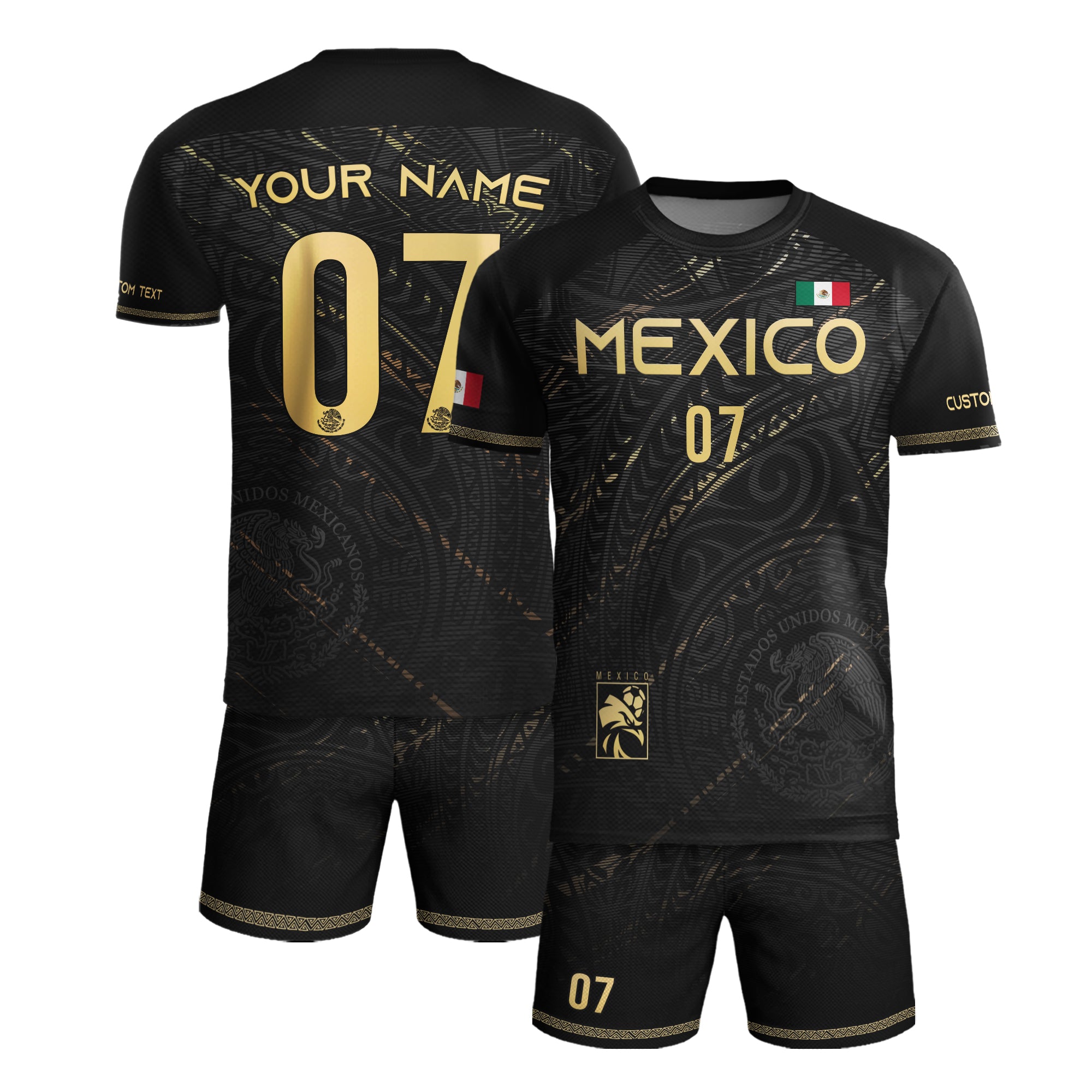 Custom Black Gold Mexico Soccer Jersey with Eagle Design