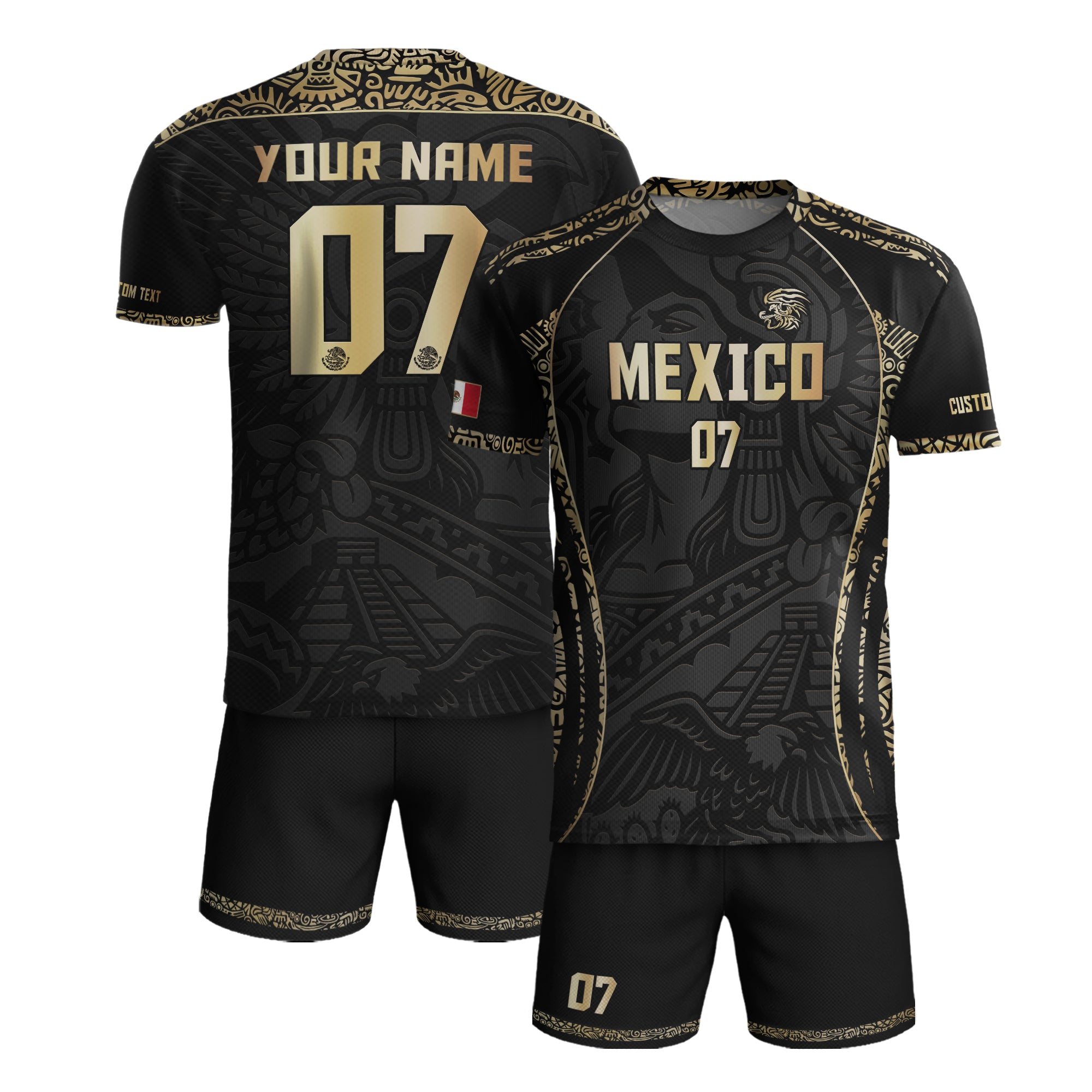 Custom Mexico Soccer Jersey Black Gold Aztec Eagle Pyramid Design