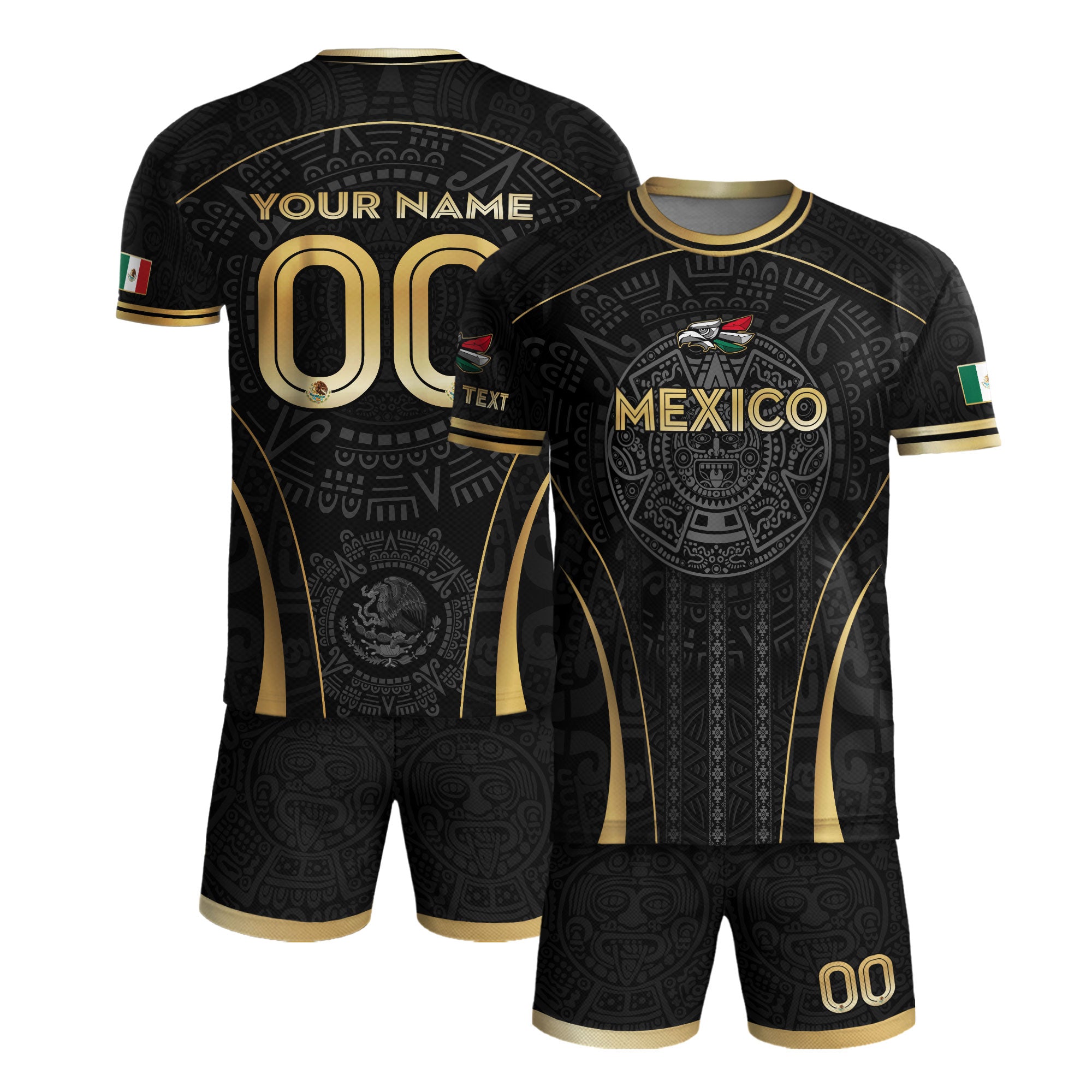Custom Mexico Soccer Jersey Black Gold Aztec Calendar Design