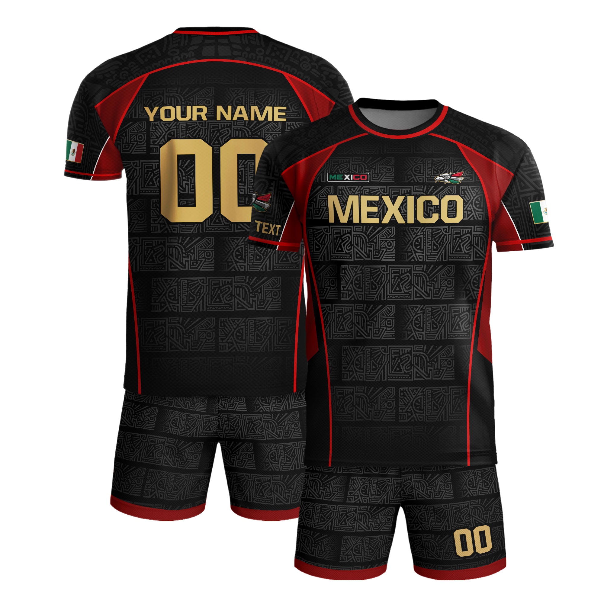 Custom Mexico Soccer Jersey Black Red Gold Aztec Pattern Design