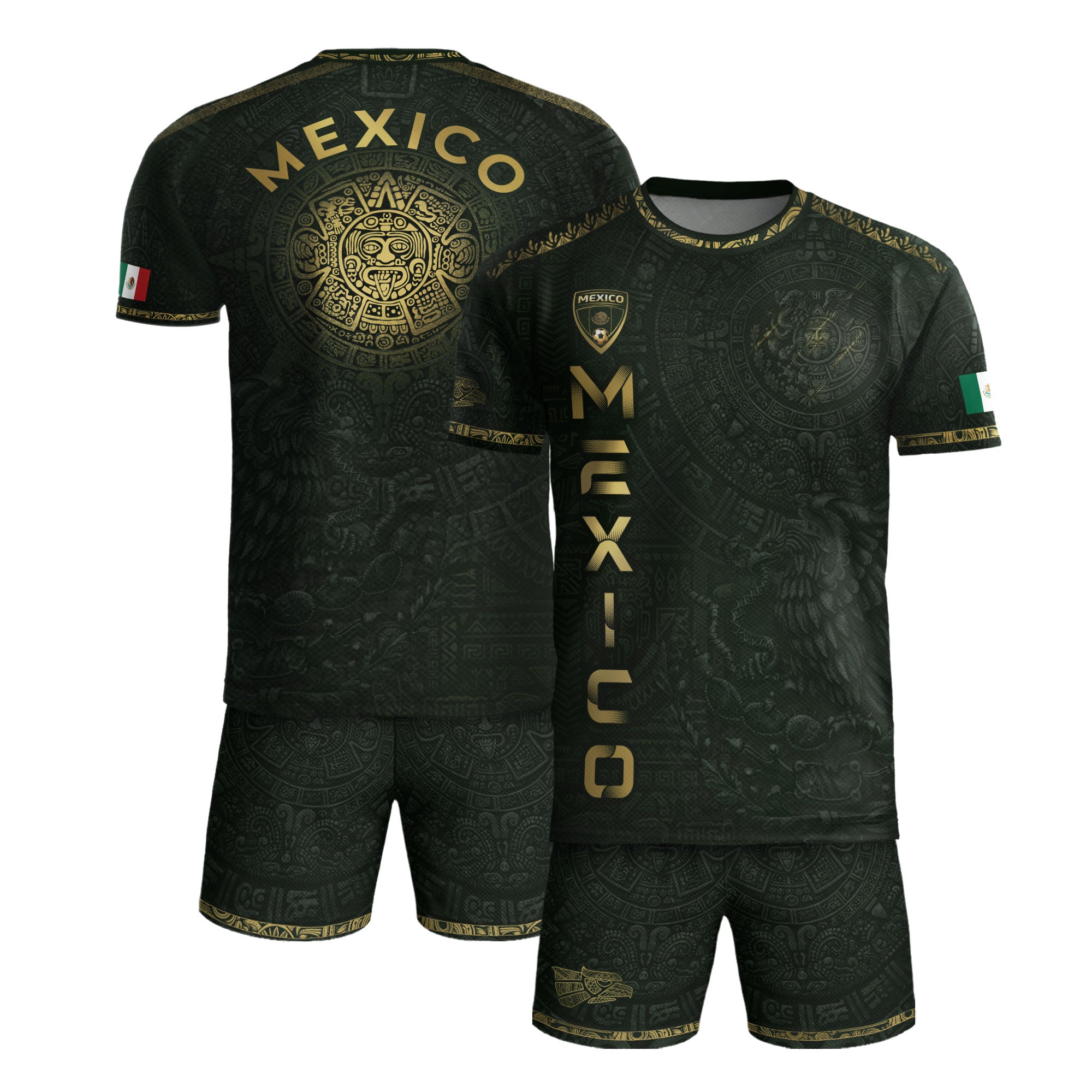 Camiseta de fútbol premium con emblema de águila azteca verde y dorado de México
