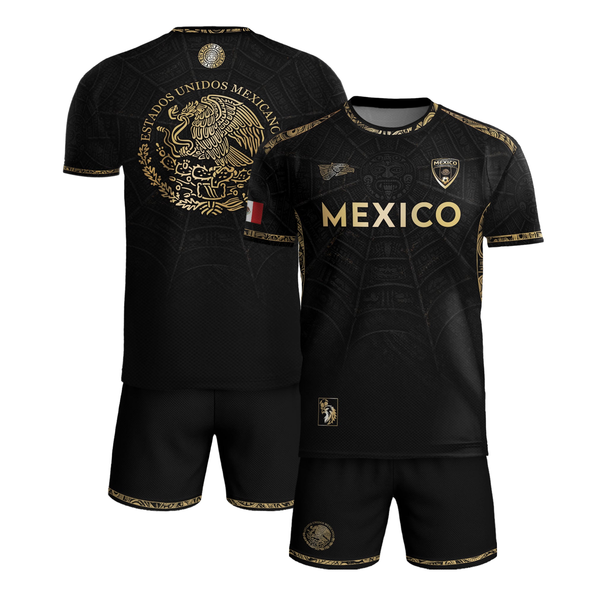 Camiseta de fútbol premium con emblema de águila azteca verde y dorado de México