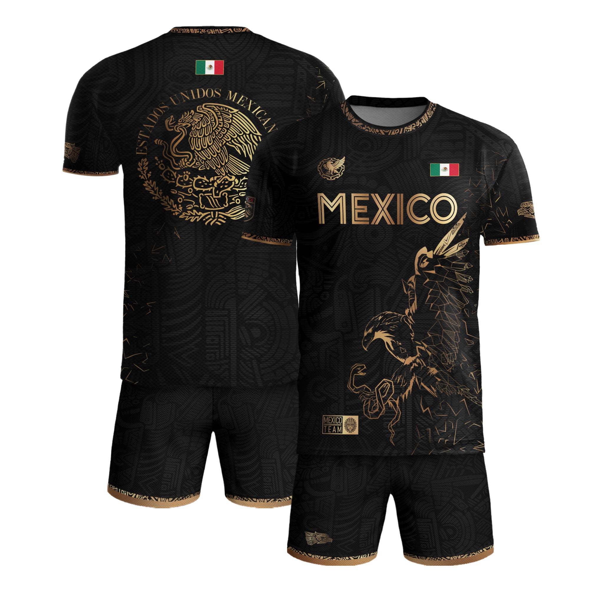 Camiseta de fútbol premium con emblema de águila azteca verde y dorado de México