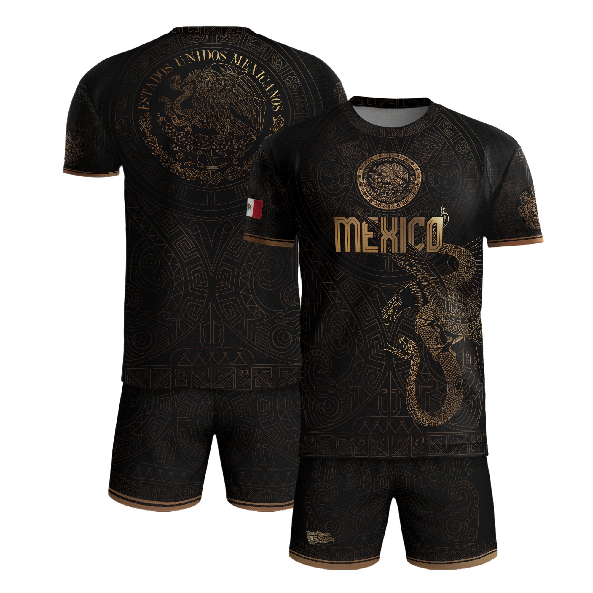 Camiseta de fútbol premium con emblema de águila azteca verde y dorado de México