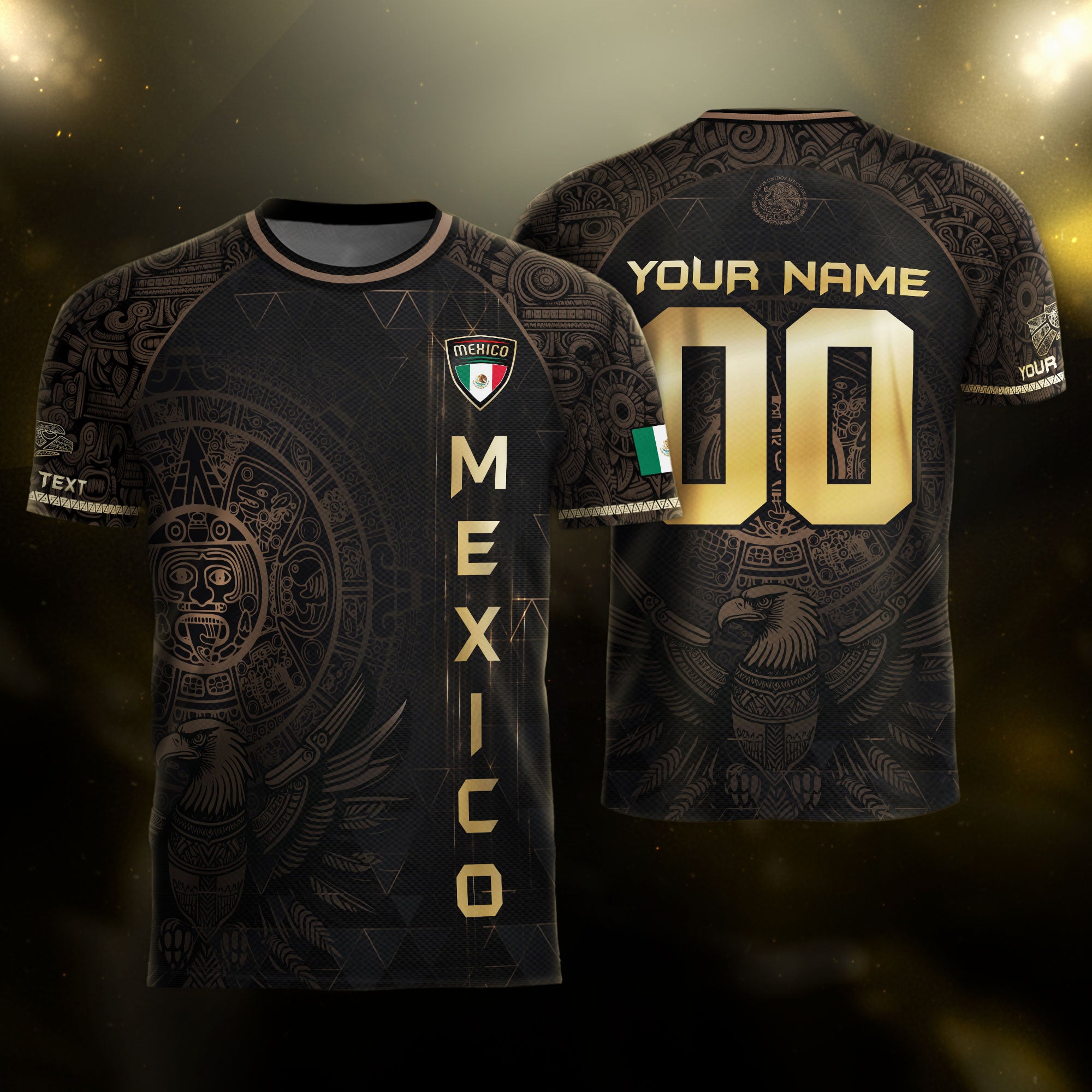 Custom Mexico Soccer Jersey Black Gold Aztec Heritage Design