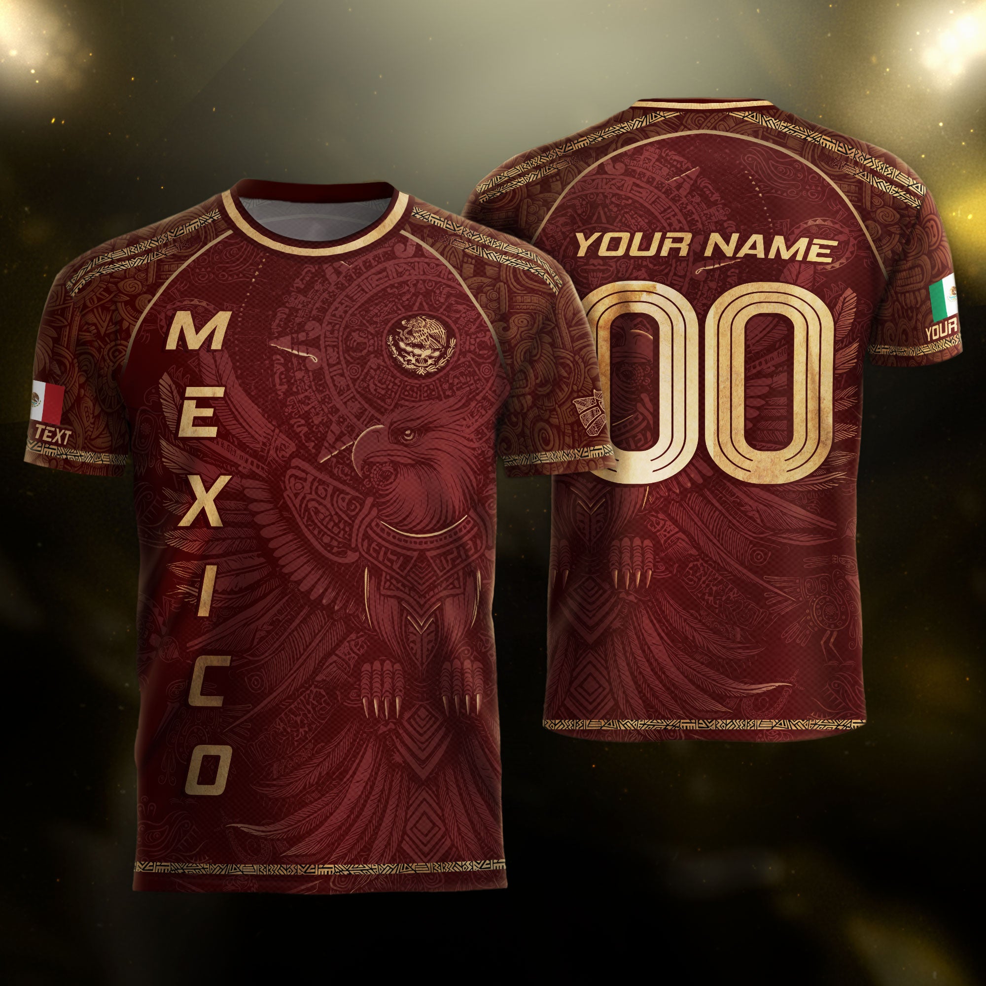 Custom Mexico Soccer Jersey Burgundy Gold Aztec Heritage Design