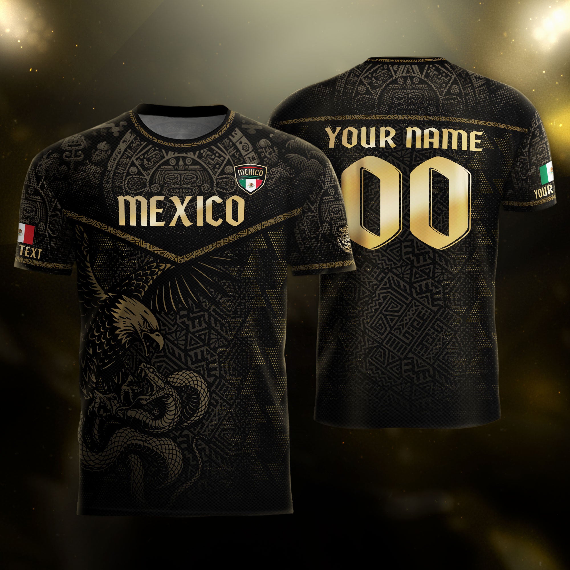 Custom Mexico Soccer Jersey Black Gold Aztec Eagle Serpent Design