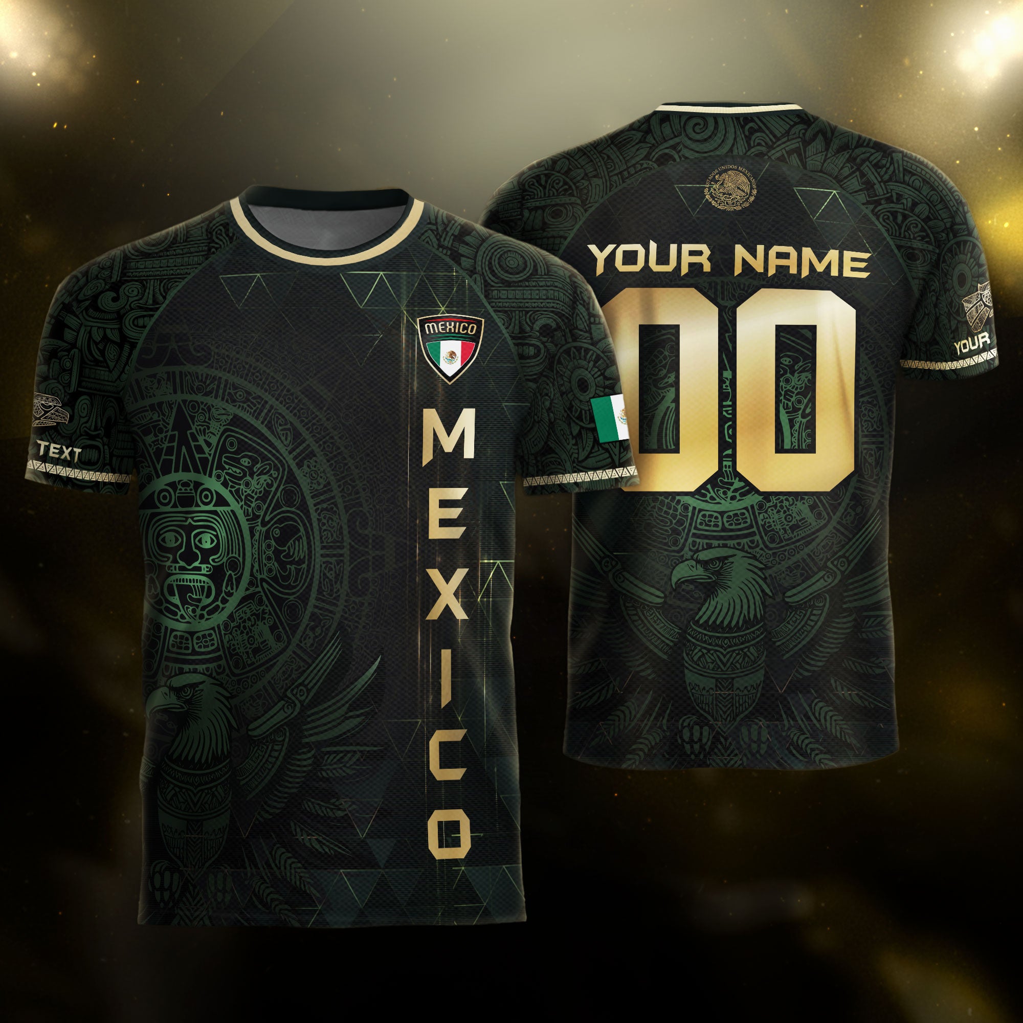 Custom Mexico Soccer Jersey Black Gold Heritage Aztec Calendar Design