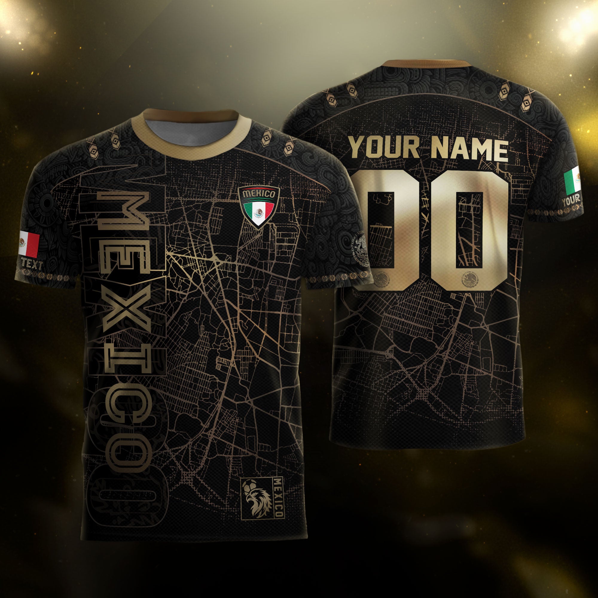 Custom Mexico Soccer Jersey Black Gold Heritage Map Aztec Design