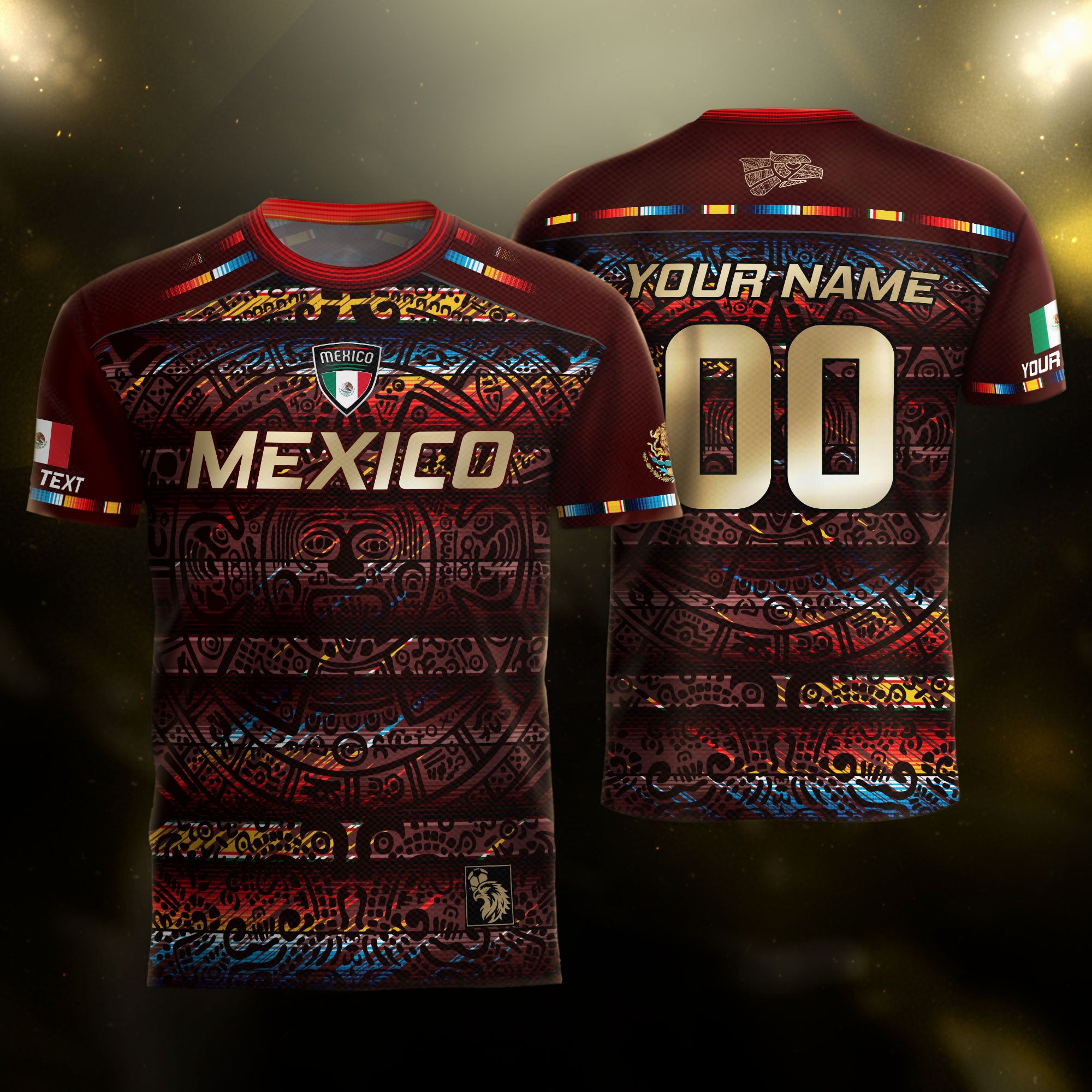Custom Mexico Soccer Jersey Burgundy Gold Heritage Aztec Calendar Design