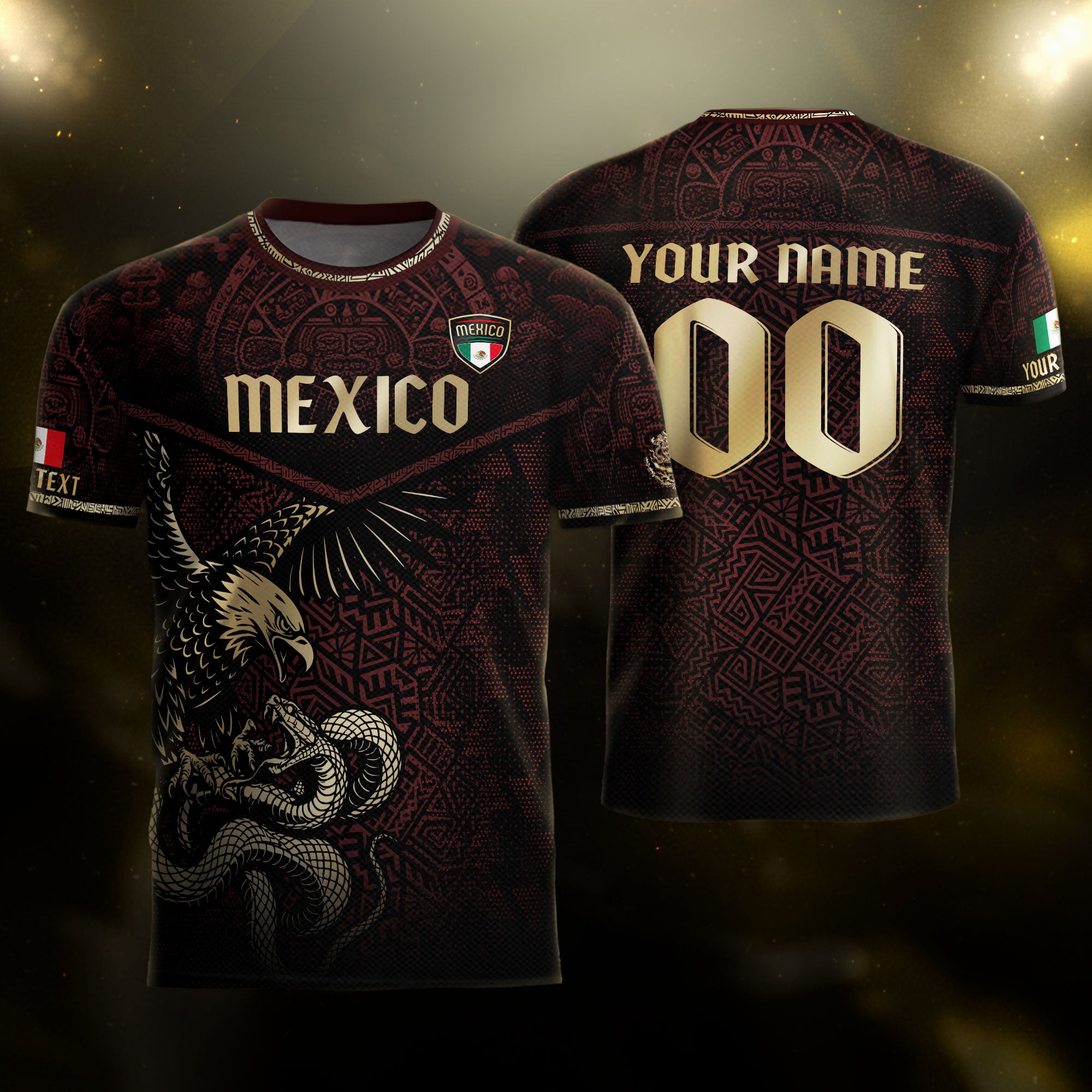 Custom Mexico Soccer Jersey Burgundy Gold Aztec Eagle Serpent Design
