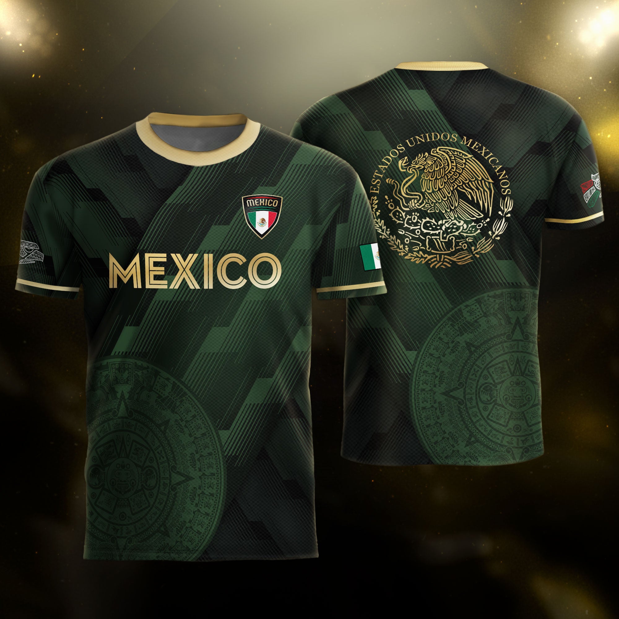 Mexico Green Soccer Jersey with Golden Aztec Sunstone Design