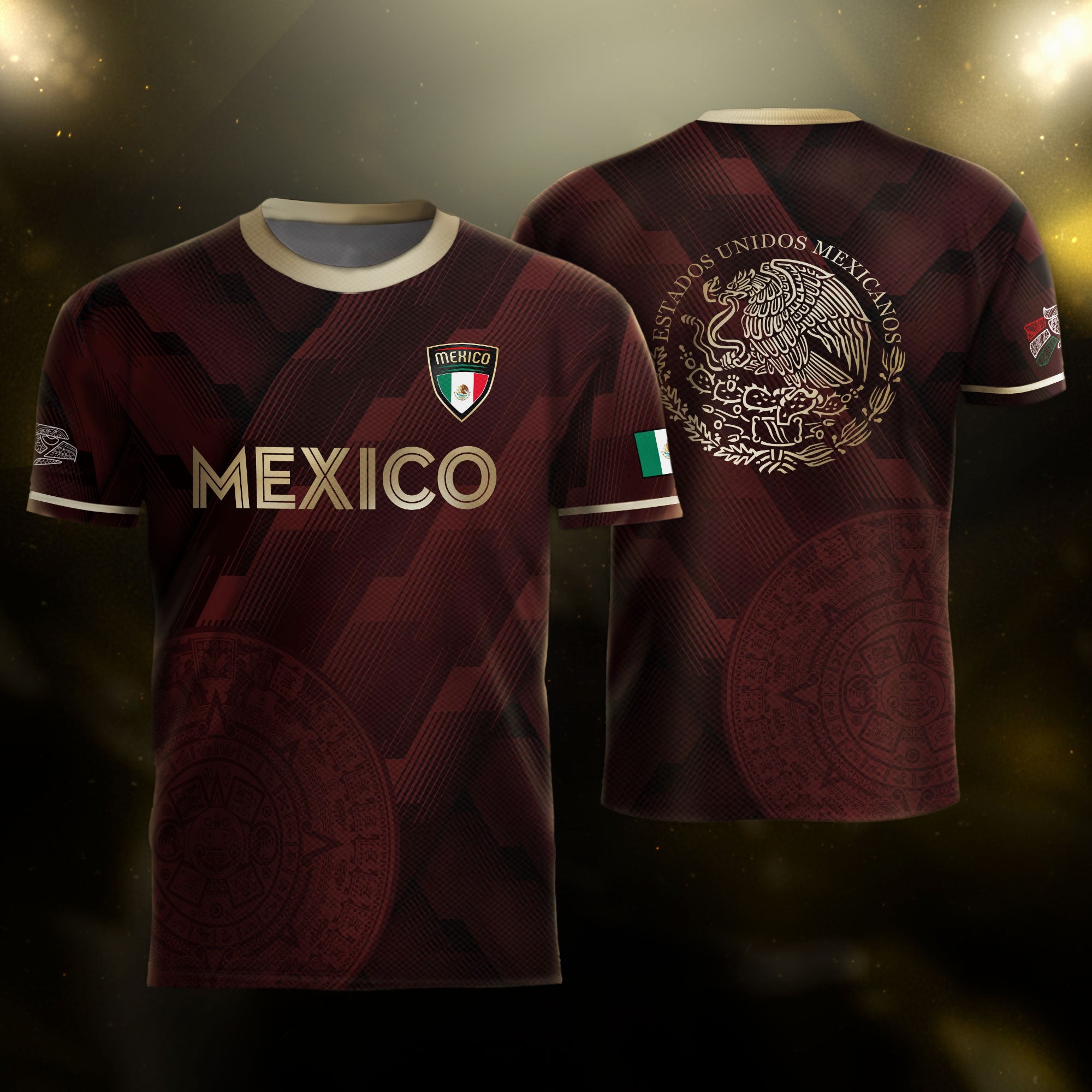 Mexico Burgundy Soccer Jersey with Golden Aztec Sunstone and Eagle Crest