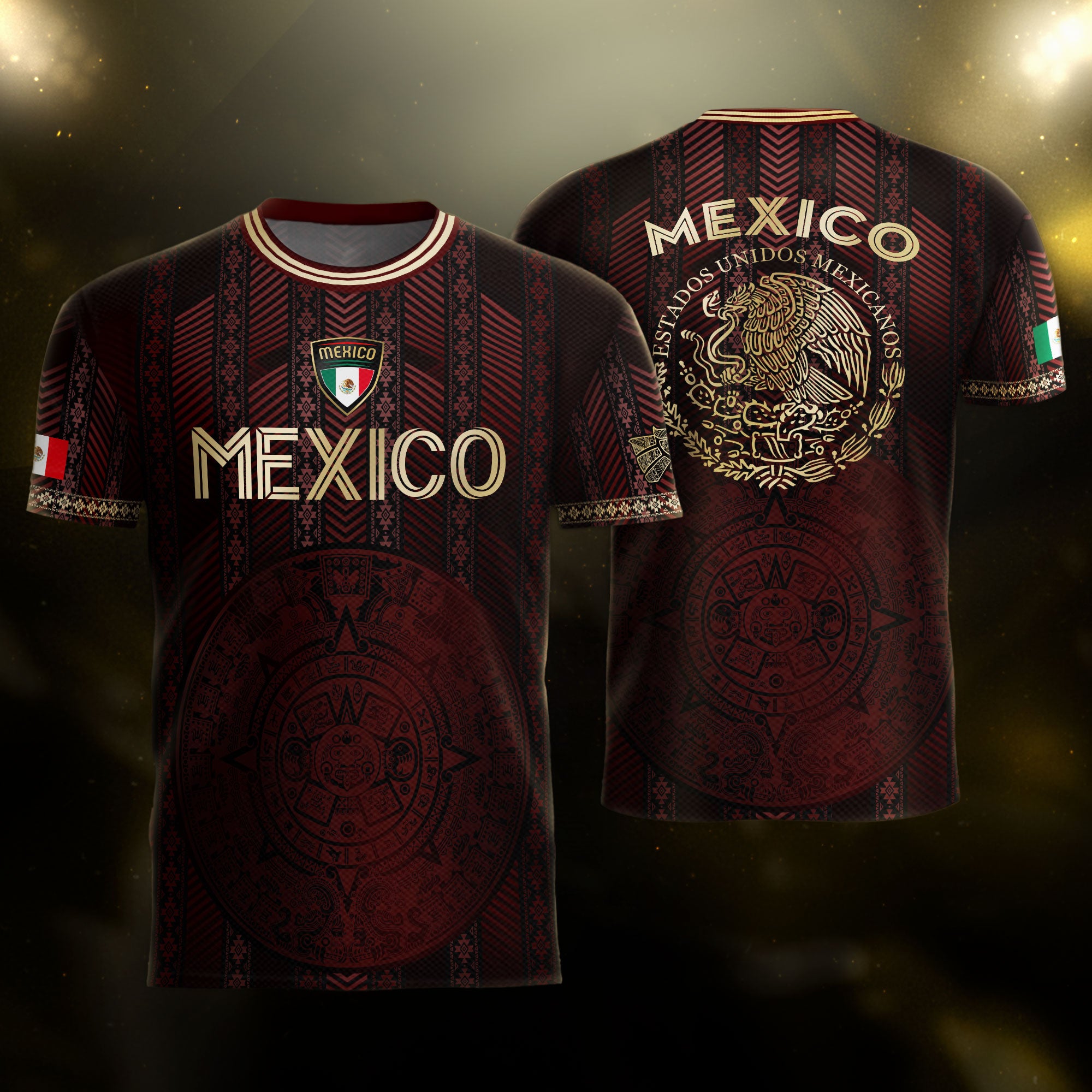 Mexico Burgundy Soccer Jersey with Golden Aztec Calendar and Eagle Crest