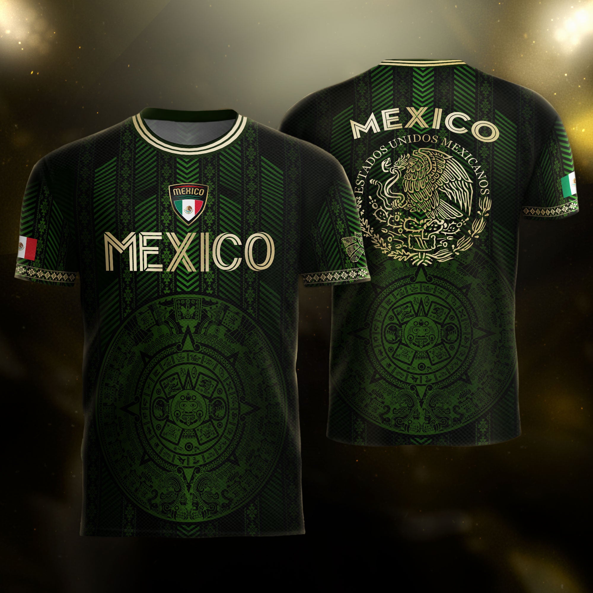 Mexico Green Soccer Jersey with Golden Aztec Calendar and Eagle Crest