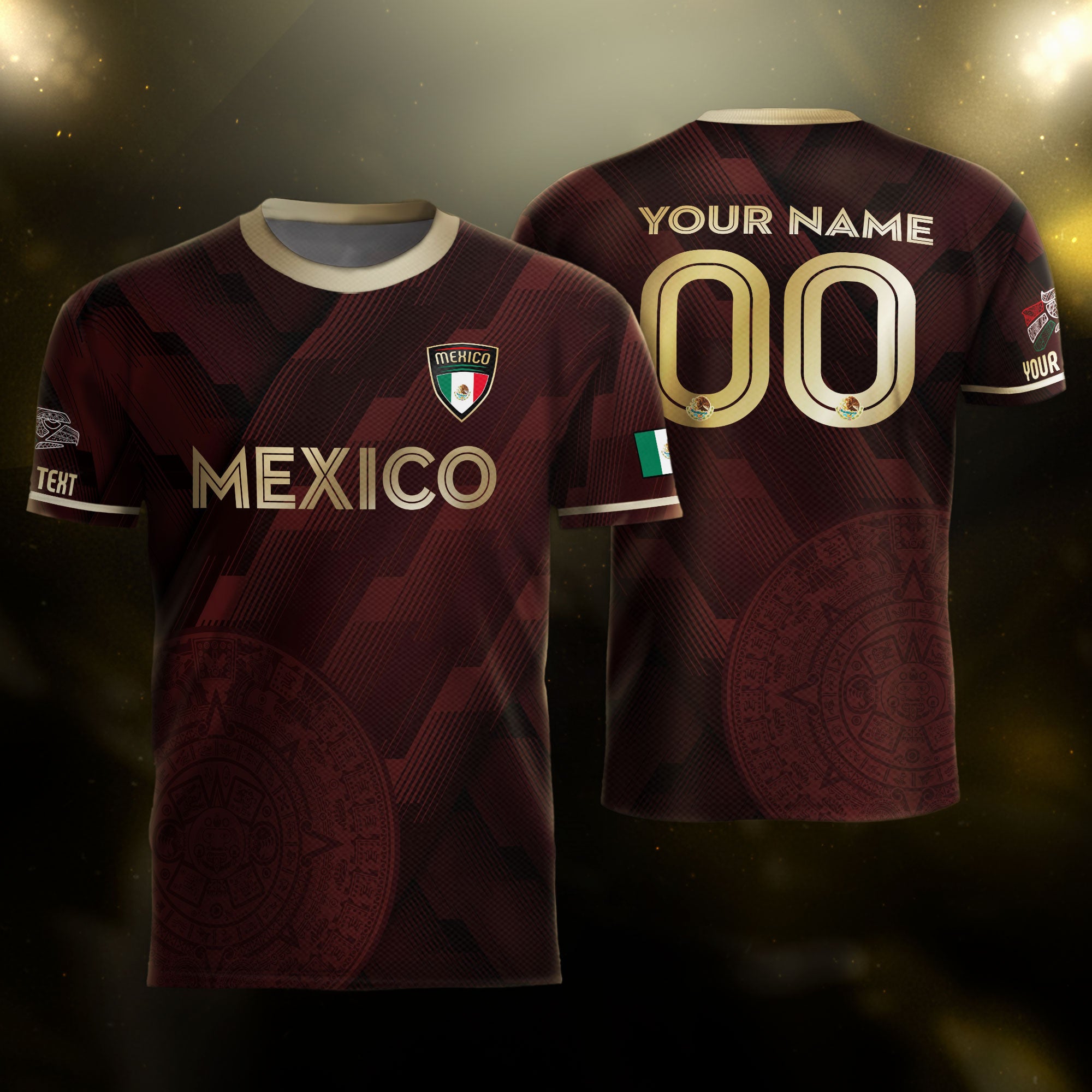 Custom Mexico Maroon Soccer Jersey with Golden Aztec Calendar Pattern
