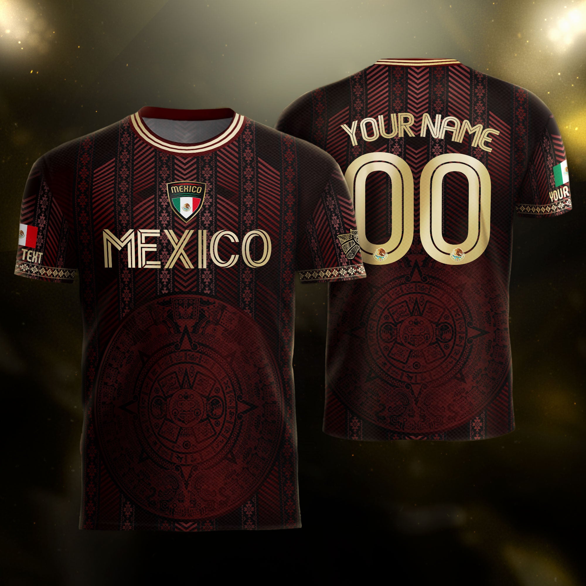 Custom Mexico Burgundy Soccer Jersey with Golden Aztec Calendar Design
