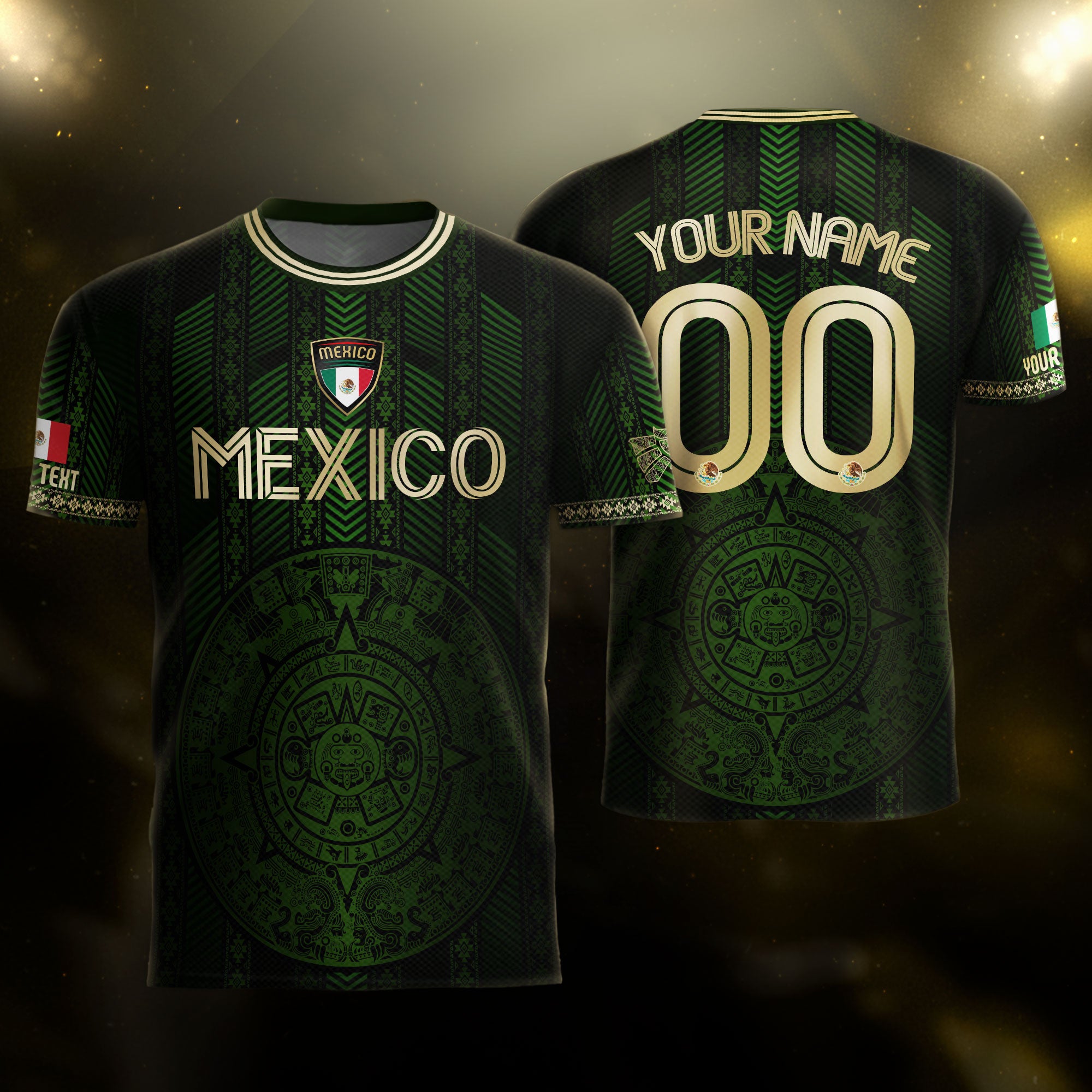 Custom Mexico Green Soccer Jersey with Golden Aztec Calendar Pattern